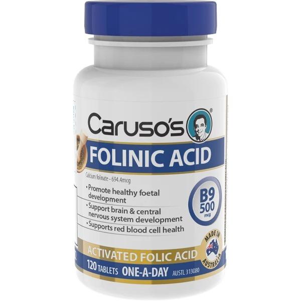 Carusos Vitamin B9 Folinic Acid 500mcg Supplement - Supports Brain Health & Energy Metabolism - Ideal for Pregnancy, Cognitive Function & Heart Health