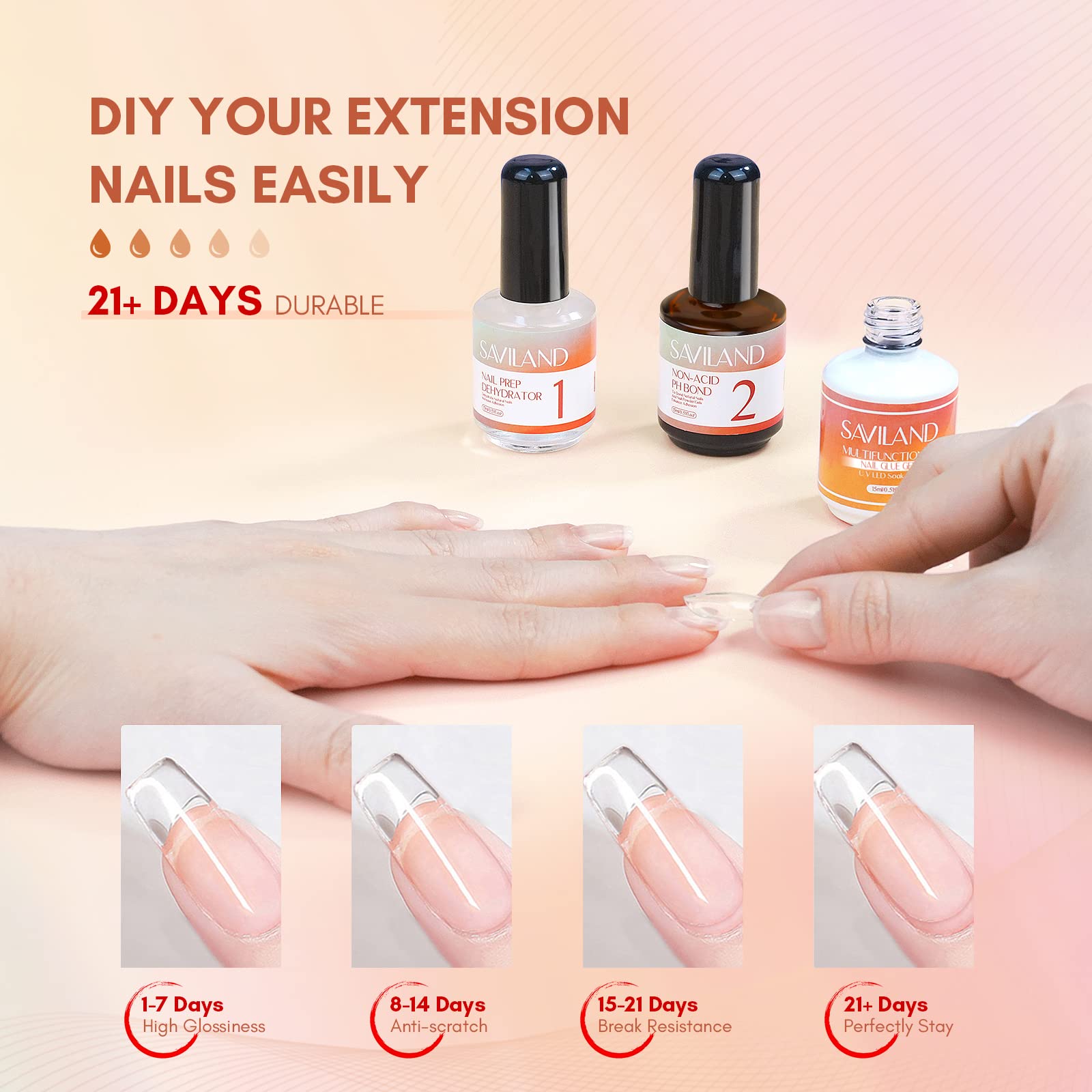 SAVILAND Gel X Nail Glue & Prep Kit - 15ml Non-Acid Nail Dehydrator & Primer for Strong Gel Polish & Press On Nails | 6-in-1 Super Strong Adhesive for DIY Nail Art & Gel X Extension | Perfect for Salon Professionals & At-Home Manicures