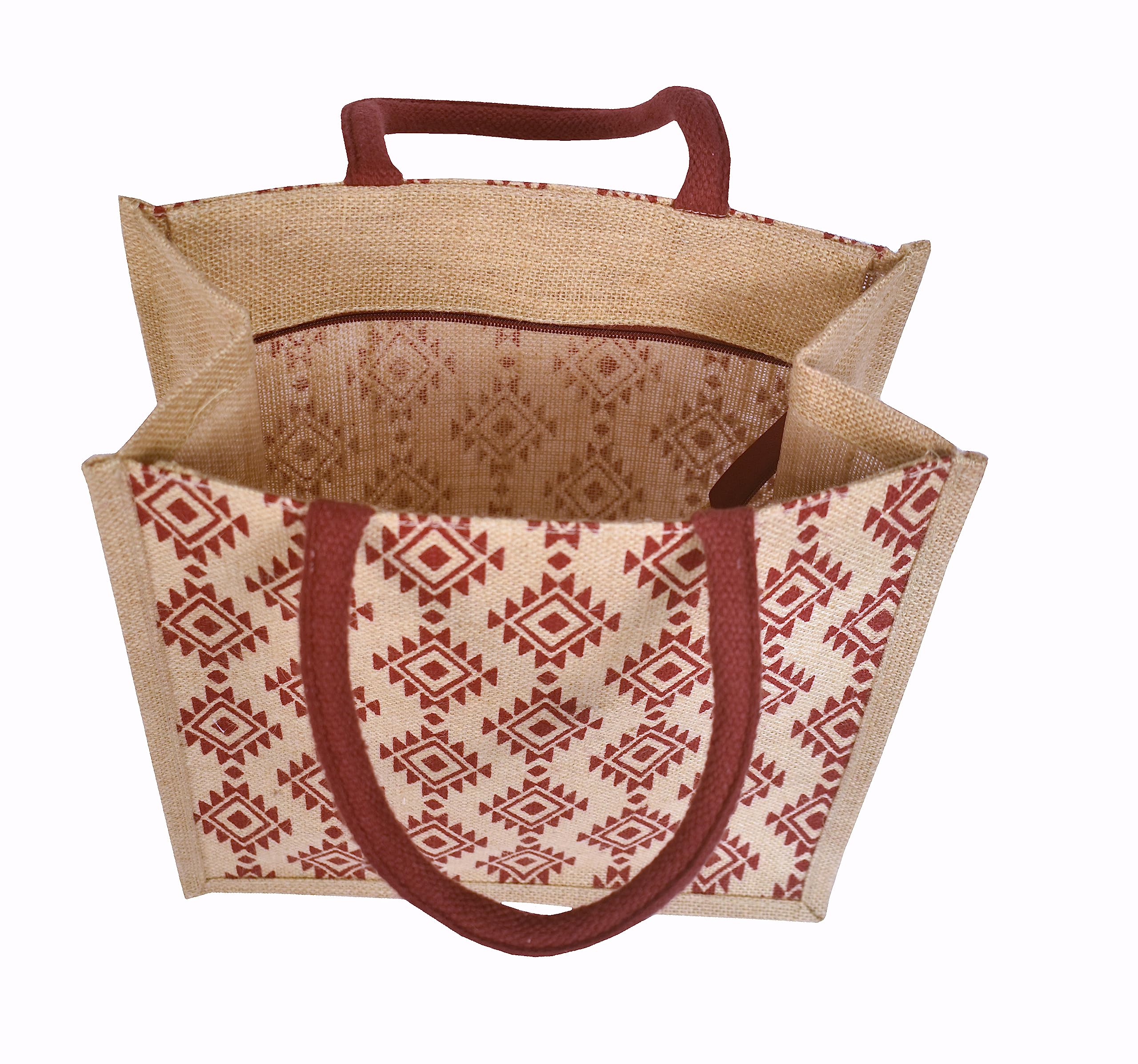 Eco-Friendly Jute Tote Bag with Zipper - Handcrafted Diamond Print Lunch Bag for Men & Women | Durable & Sustainable Reusable Shopping Bag for Work, Picnic, Grocery & Beach