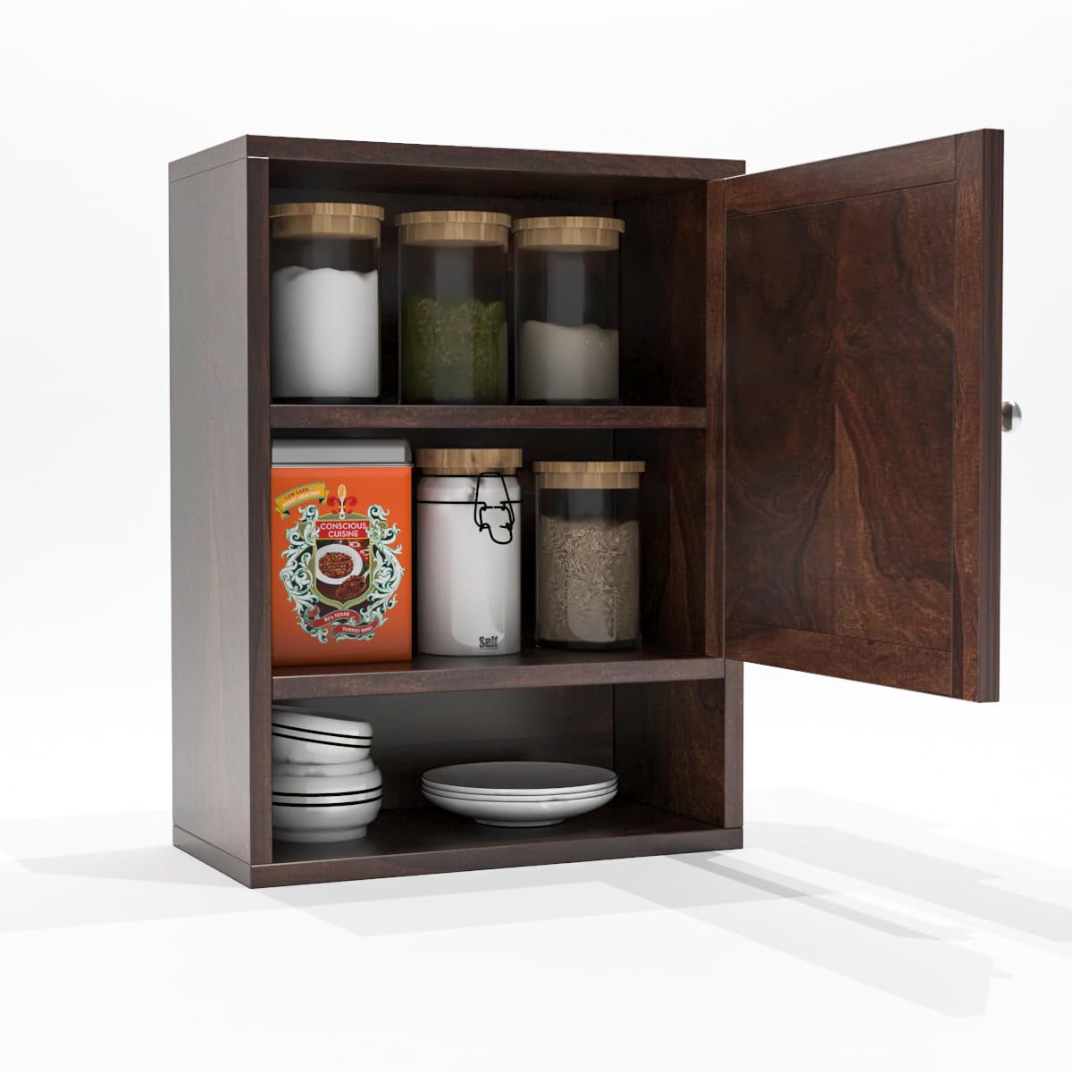 Zivanto Sheesham Wood Kitchen Cabinet - Wall Mounted Organizer with 1 Door & Shelf Storage, Walnut Finish - Perfect for Small Kitchens, Apartments, and Modern Home Decor