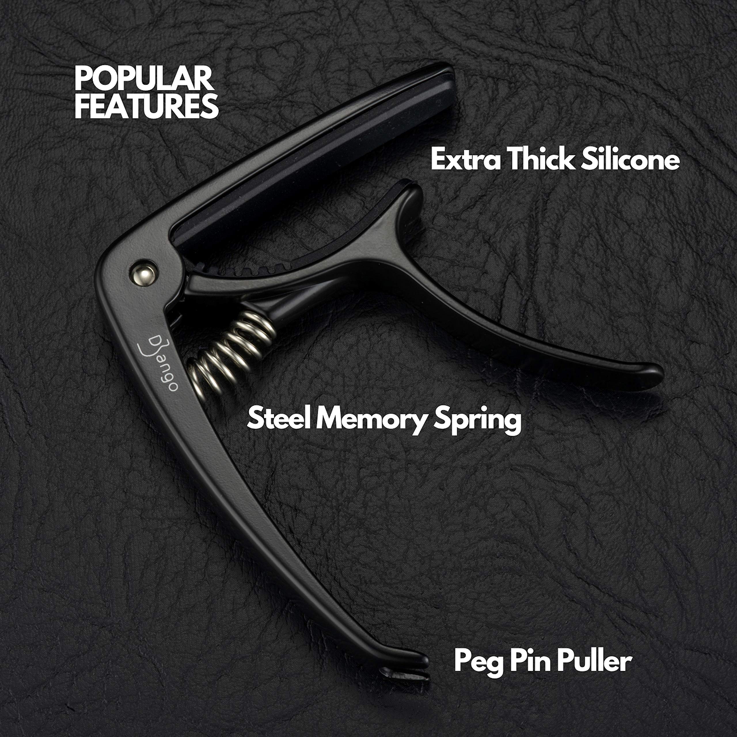 Django Guitar Capo by Pick Geek - Premium Quick-Release Capo for Acoustic, Electric, Ukulele & Classical Guitars - Black with Extra Padding & Peg Puller - Perfect for String Changing & Neck Protection - Ideal for Live Performances, Studio Recording & Practice Sessions