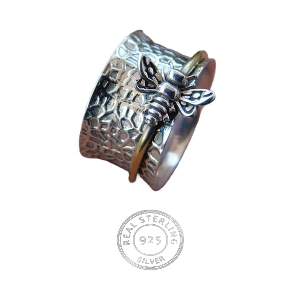 925 Sterling Silver Bee Spinner Ring - Handmade Anti-Anxiety Fidget Ring for Meditation & Stress Relief | Worry Ring, Anxiety Relief Jewelry, Spinning Love Band by TEJIKA GLOBAL | Perfect for Office, Travel & Daily Relaxation