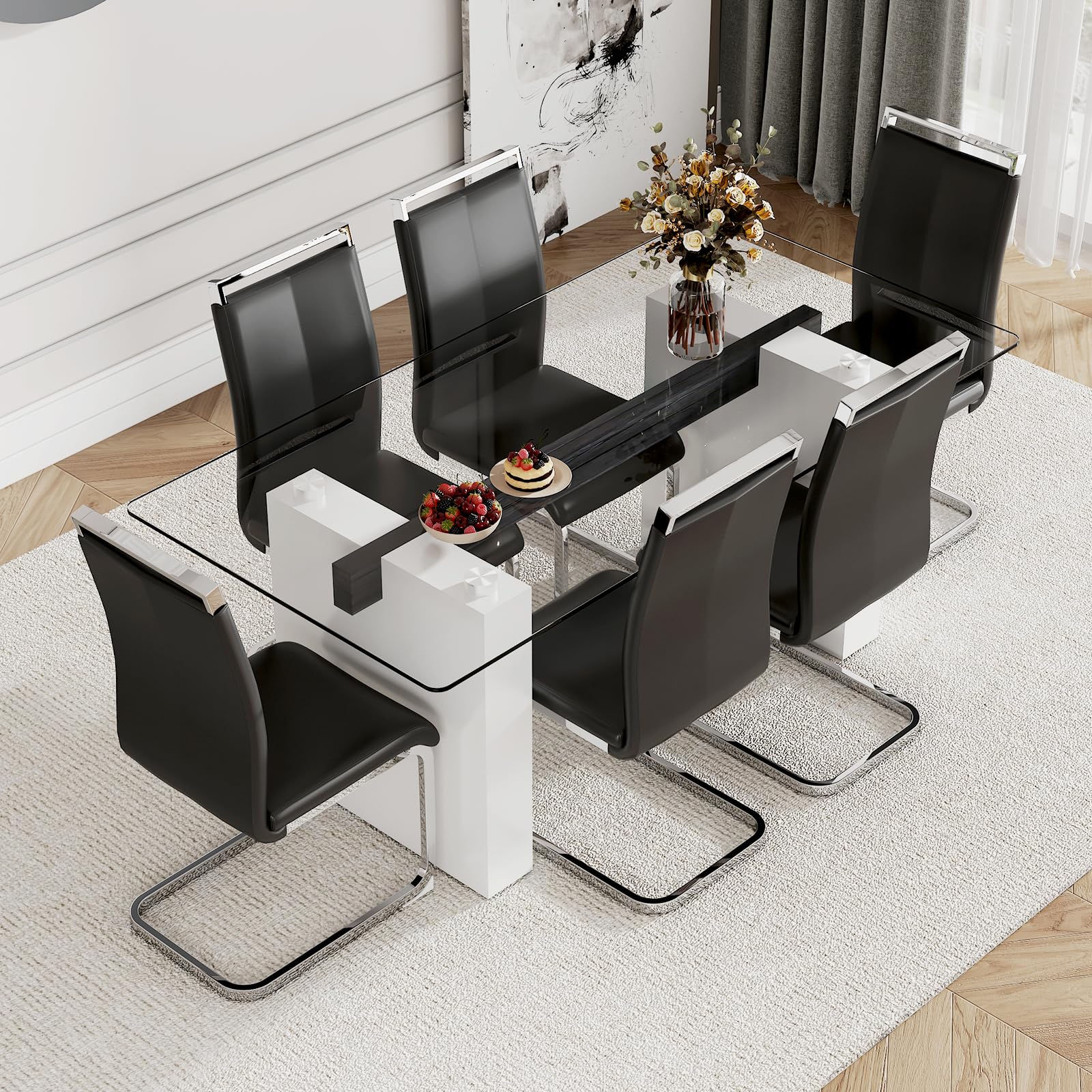 **FURNITO 71-inch Modern White Dining Table Set for 6 with PU Leather Chairs - Kitchen & Dining Room Furniture - Easy Assembly for Home & Entertaining**