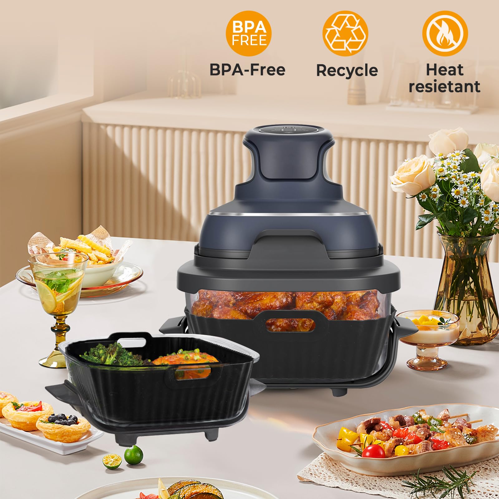 2-Pack Non-Stick Silicone Liners for Ninja Crispi FN101GY Air Fryer - Reusable Accessories Fits 4 QT & 6 Cups Containers (Compatible with FN101ST/FN101SG/FN101CGY) - Perfect for Baking, Roasting & Healthy Cooking