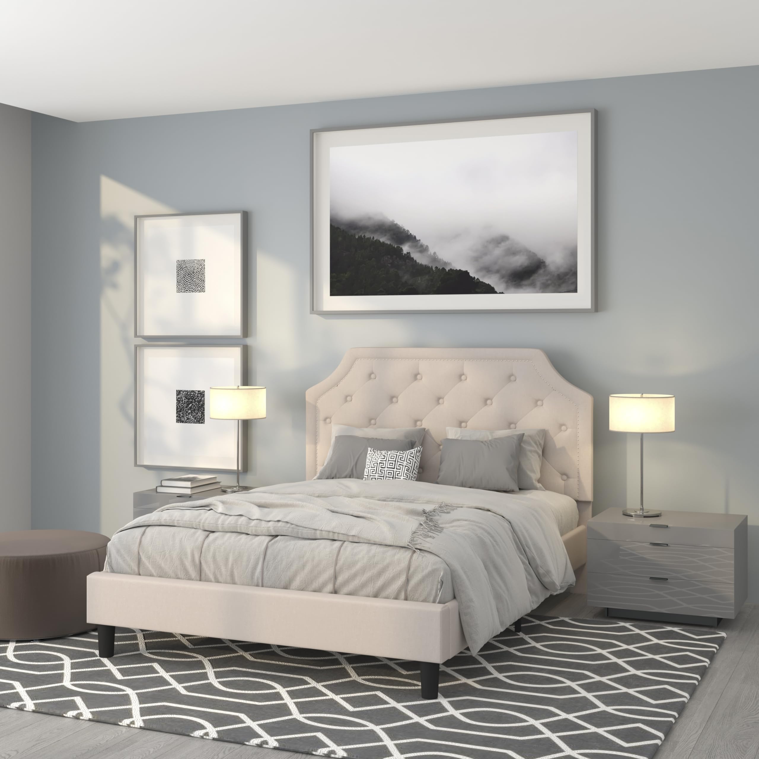 Queen Size Arched Tufted Upholstered Platform Bed Frame - Beige Fabric Upholstery Headboard with Wooden Slat Support | Perfect for Master Bedroom, Guest Room & Apartment Decor