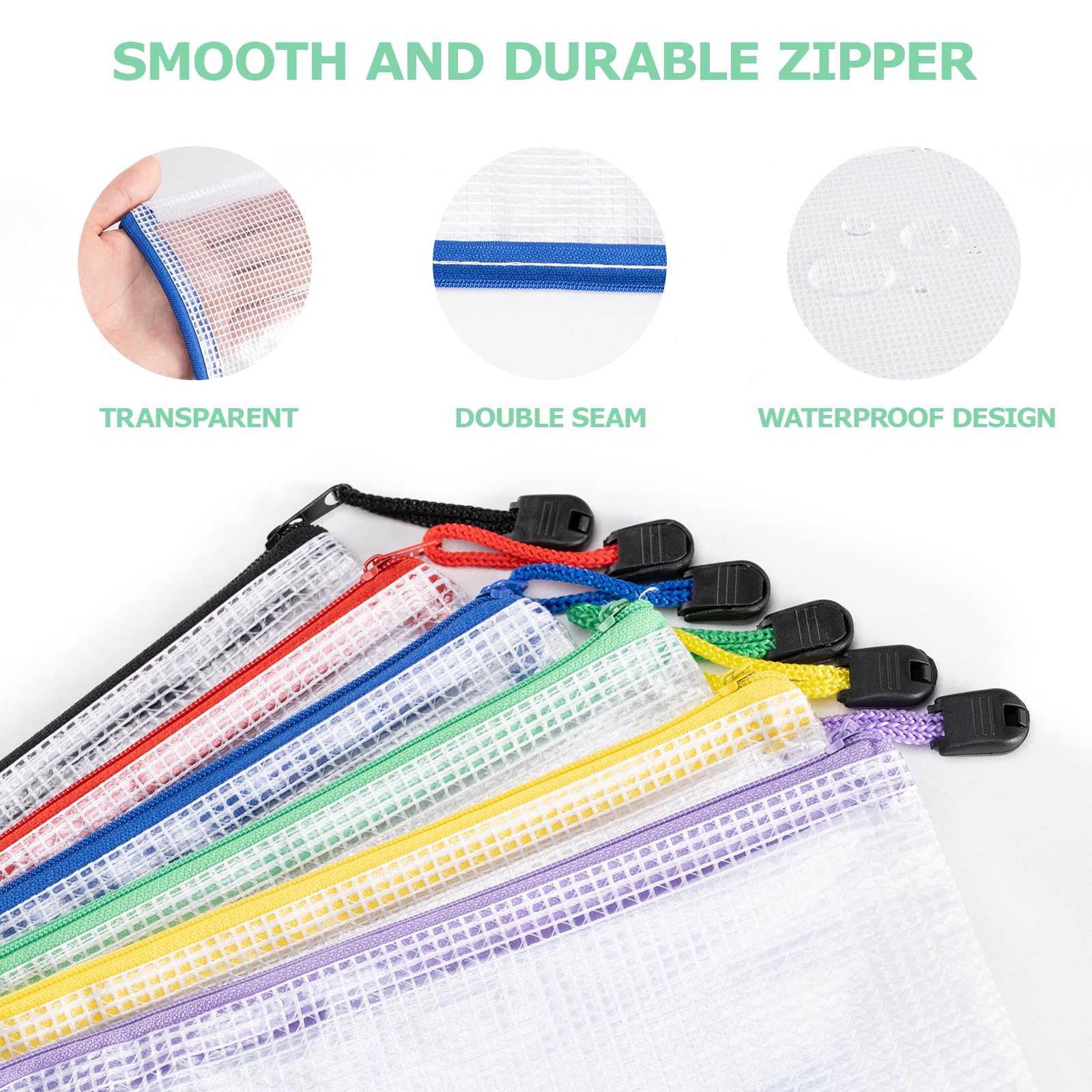 12 Pack A4 Zipper Document Bags - Waterproof Mesh Plastic File Folders for Documents, Cosmetics, Travel Accessories - Perfect for Office, School, Travel & Organizing