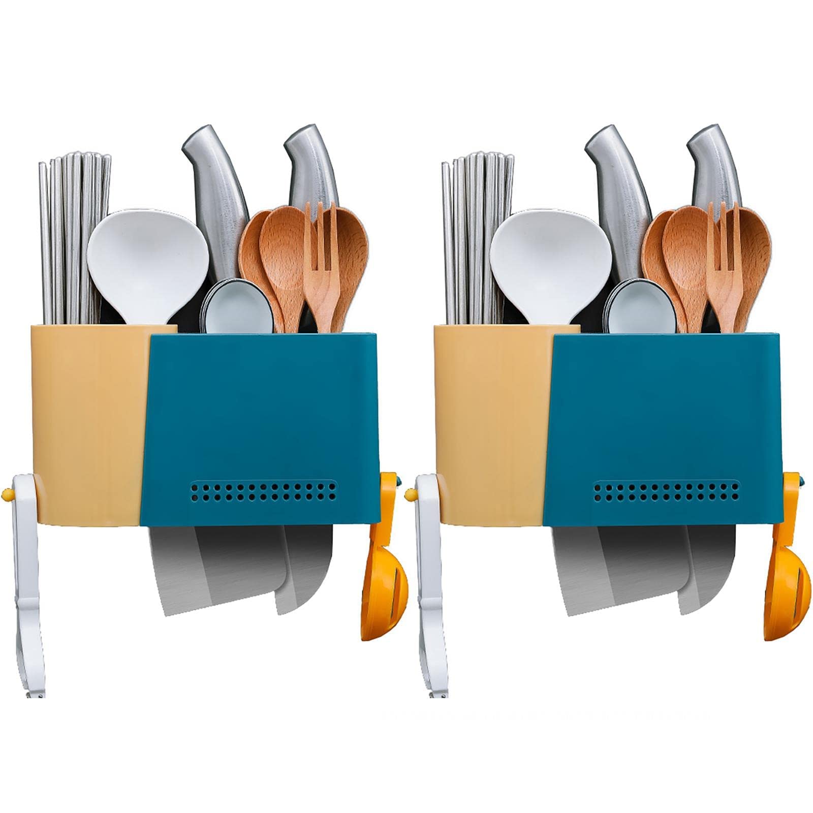2-Pack Wall Mounted Utensil Holder & Cutlery Caddy - High Capacity Kitchen Organizer for Knives, Forks, Spoons - Space Saving Tableware Storage Solution (Blue) - Perfect for Small Kitchens, RVs & Dorm Rooms