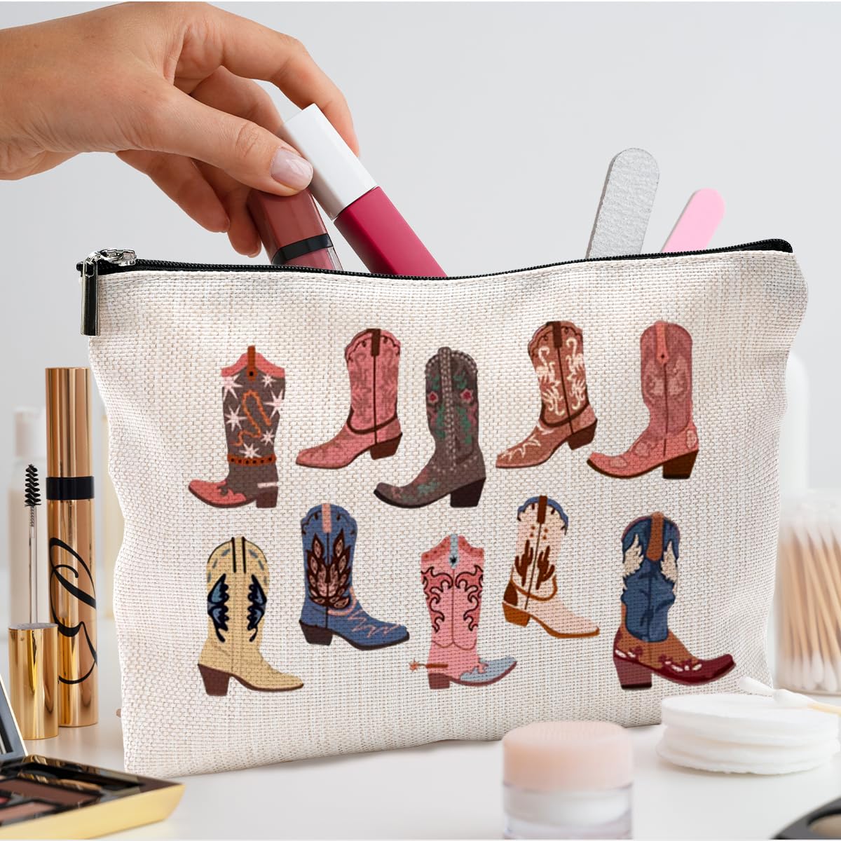 Western Makeup Bag - Cowgirl Gifts, Boho Cowboy Boots Cosmetic Pouch for Purse, Travel & Festival Essentials | Perfect for Country Concerts, Rodeos & Western Themed Parties