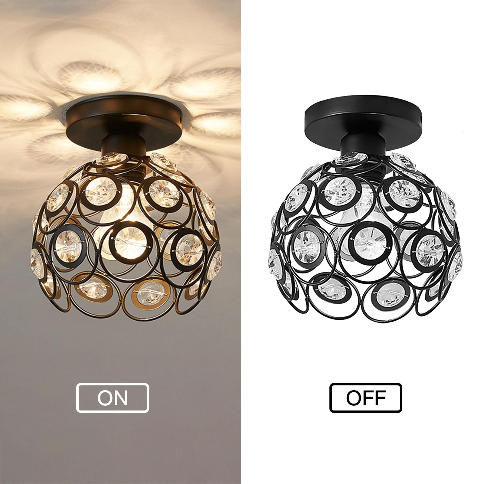 Elegant Black Mini Chandelier Light Fixture - Handmade Crystal Ceiling Lamp with Metal Frame | Semi-Flush Mount Hallway Lighting for Foyer, Entryway, Closet & Indoor Spaces | Perfect for Home Decor, Dining Room Ambiance & Bedroom Accent Lighting