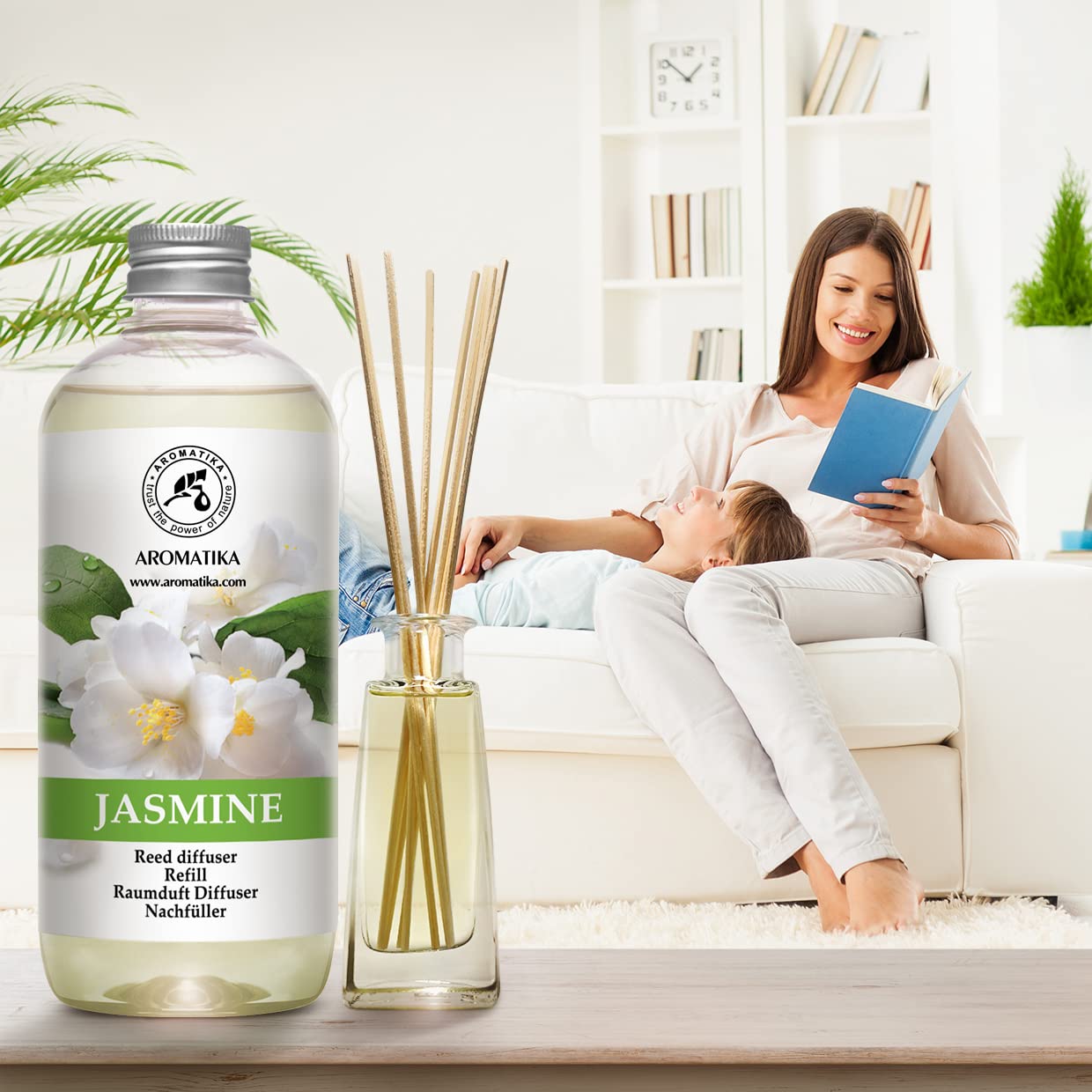Jasmine Reed Diffuser Refill - 4 Pack 17 Fl Oz Bottles - Long Lasting Floral Scented Home Fragrance Oil - Aromatherapy Air Freshener for Living Room, Bedroom, Bathroom & Office - Relaxing & Stress Relief Essential Oil Diffuser