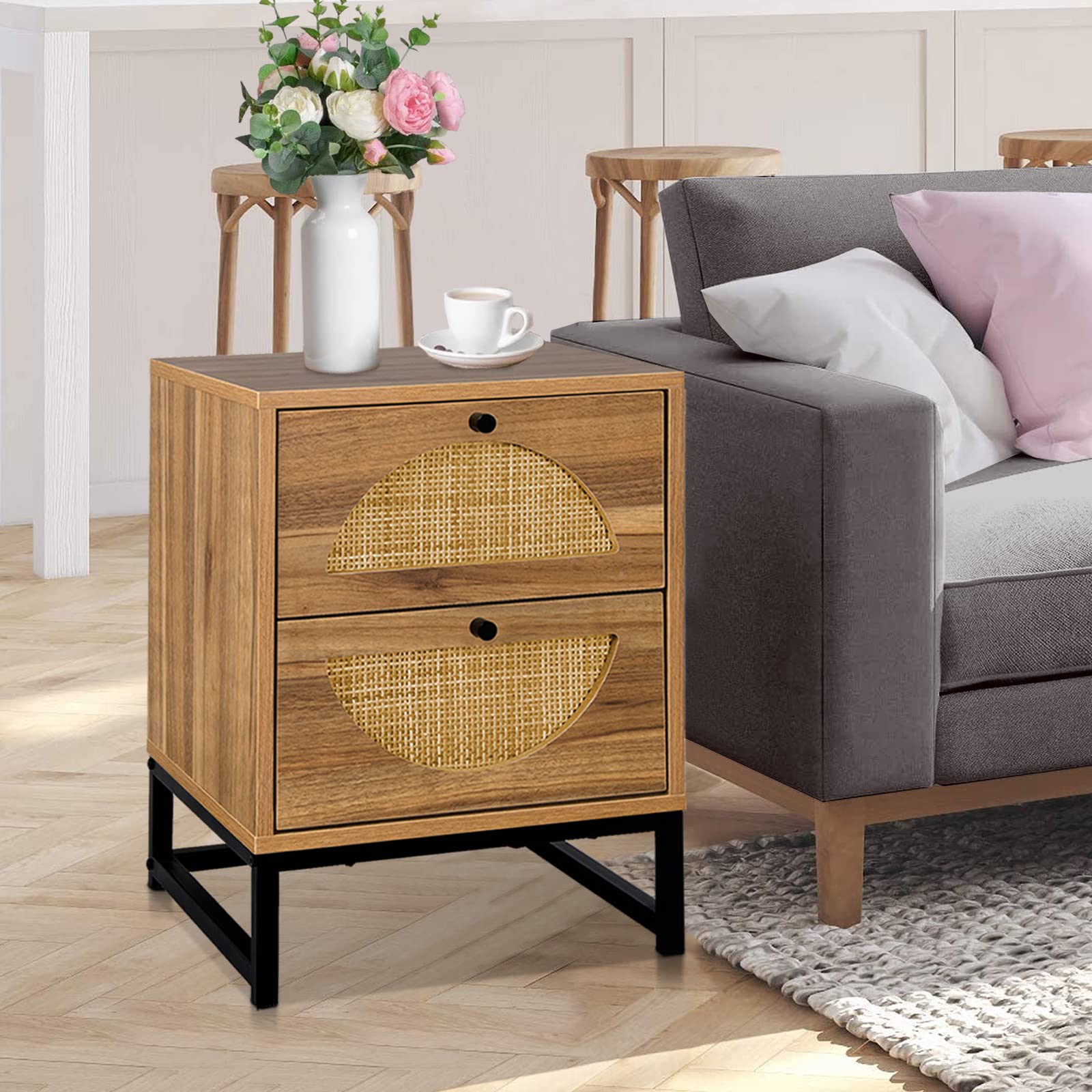 Rattan Nightstand with 2 Drawers & Metal Legs - Natural Rustic Bedside Table for Bedroom, Living Room | End Table with Storage Shelf for Home Decor & Organization