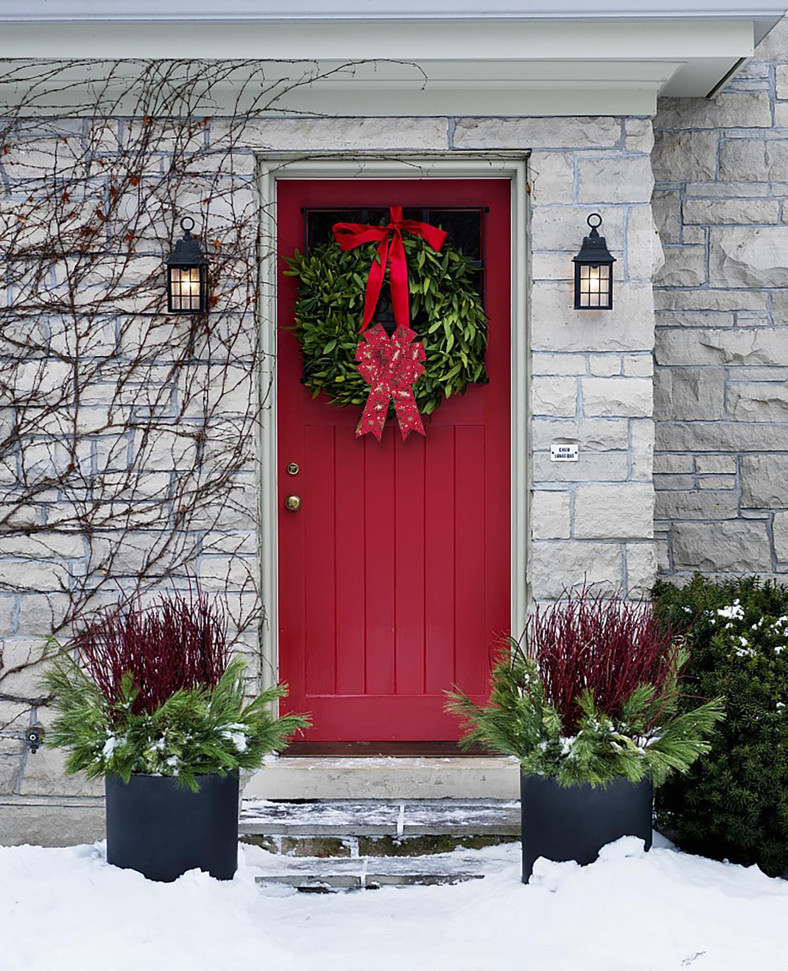 2-Pack Red Velvet Christmas Wreath Bows with Snowflake Design - Festive Holiday Door Decor for Xmas Tree, Winter Wreaths & New Year Home Decoration