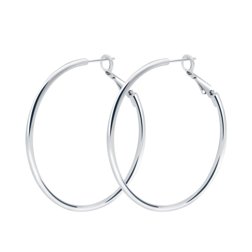925 Sterling Silver Post Hoop Earrings for Women - 18K White Gold Plated, Polished Rounded Hoops - Elegant Jewelry Gift Box - Perfect for Everyday Wear, Parties & Special Occasions