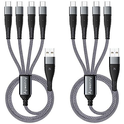 Aywenny 4-in-1 Multi Charging Cable 2 Pack - 4FT Nylon Braided Fast Charging USB Cable with 4 USB-C Adapters (3A) - Compatible with iPhone, Samsung Galaxy S22/S20/S9, Tablets & More - Perfect for Home, Office & Travel (Grey)