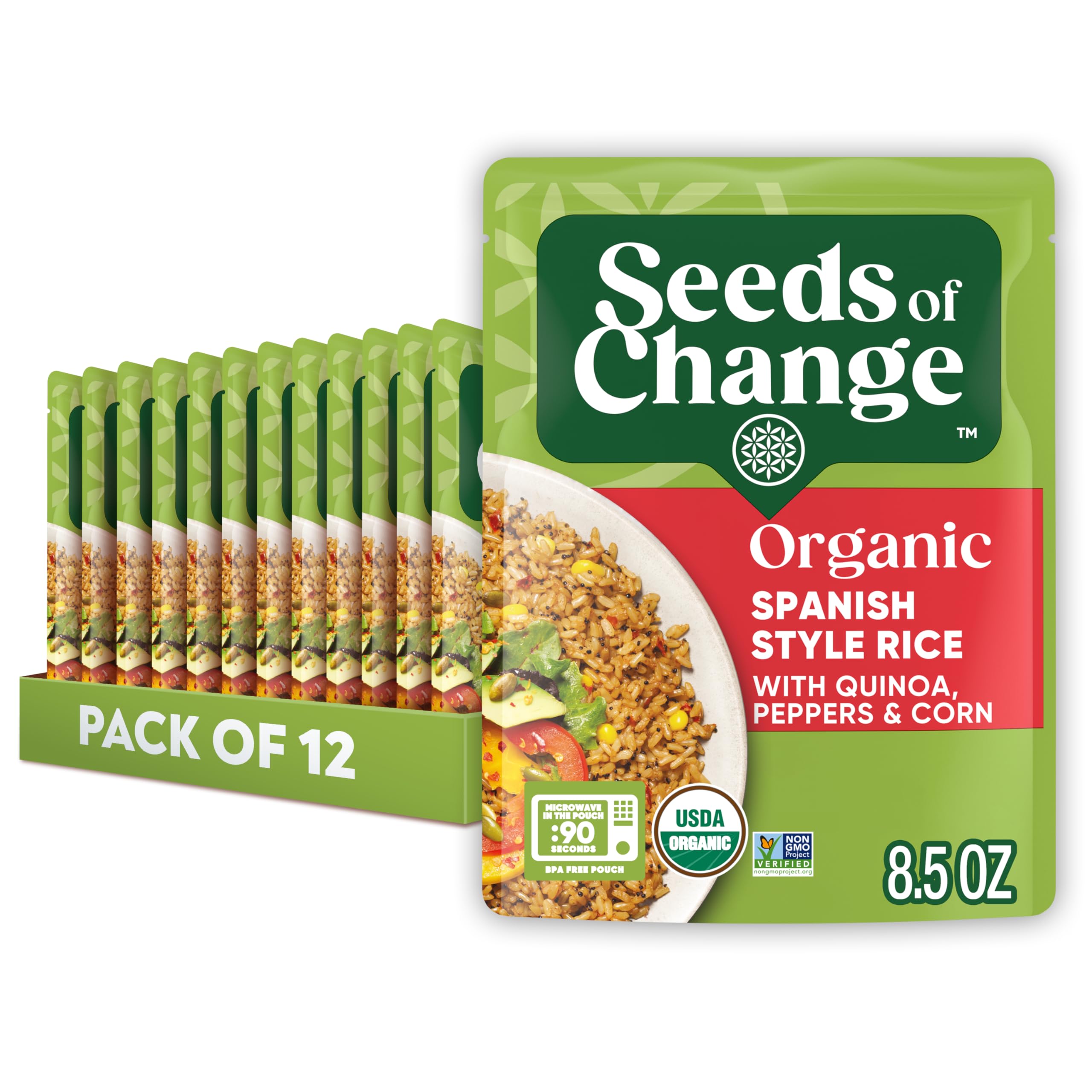 SEEDS OF CHANGE Certified Organic Spanish Style Rice with Quinoa, Peppers & Corn - Pack of 12 | Gluten-Free, Non-GMO Organic Food | Perfect for Quick Meals, Meal Prep & Healthy Family Dinners