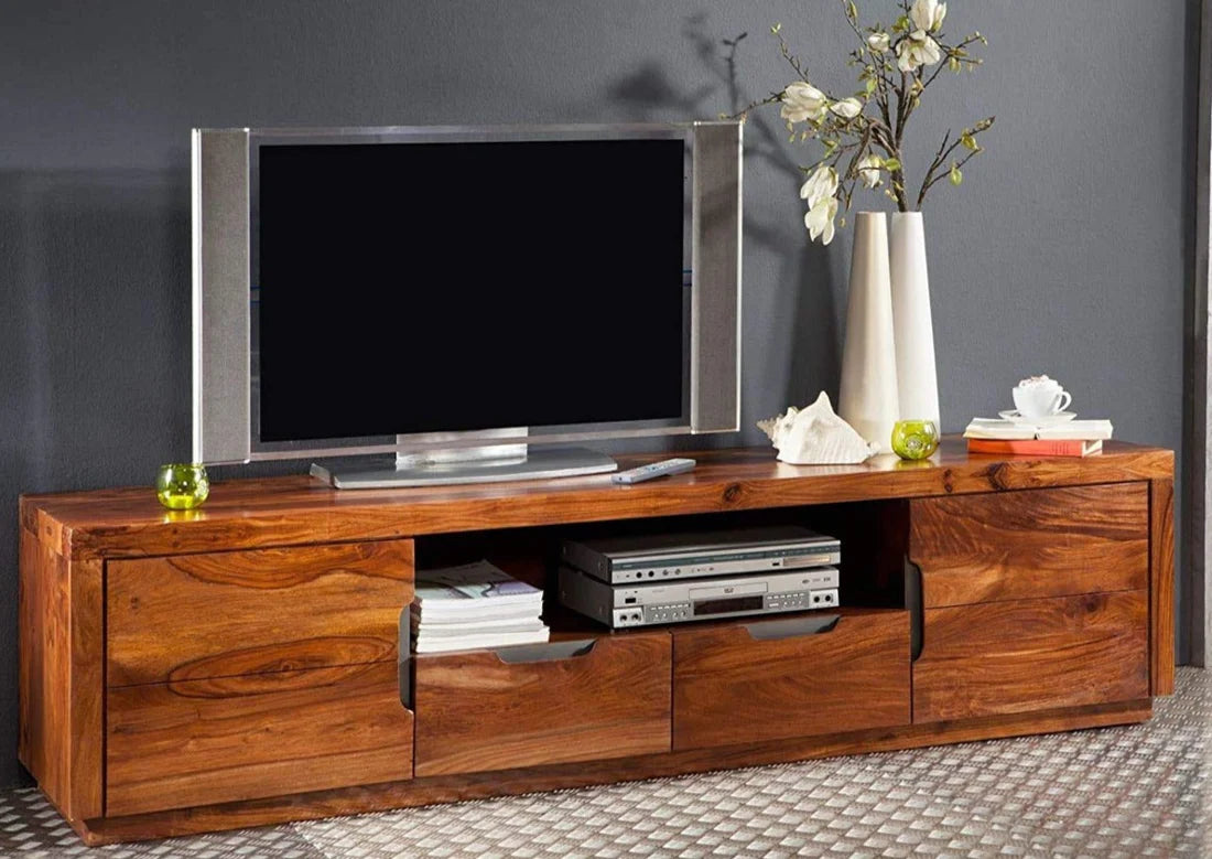 Gfine Solid Sheesham Wood TV Stand with 2 Doors & 2 Drawers - 175x45x50Cm Modern Entertainment Center for Living Room & Home Theater