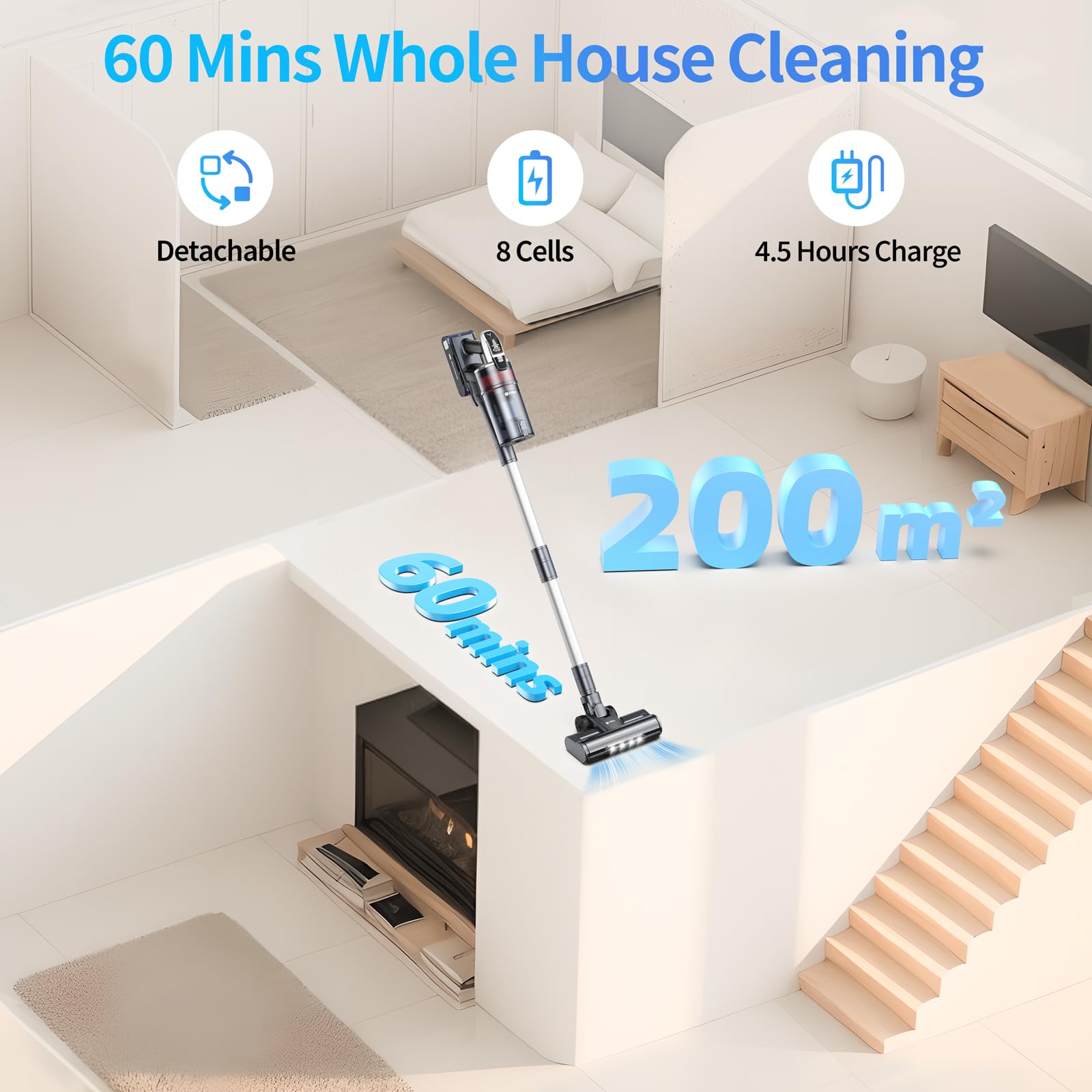Powerful 8-in-1 Cordless Stick Vacuum Cleaner with Auto Mode, 60 Min Runtime & Anti-Tangle Tech - LED Display Rechargeable Vacuum for Hard Floors, Carpets & Pet Hair - Perfect for Home Cleaning & Pet Owners