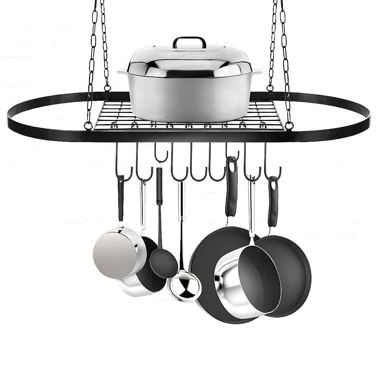 Sturdy Ceiling Mount Hanging Pot Rack with Hooks - Oval Decorative Kitchen Organizer for Cookware & Utensils Storage - Perfect for Home, Restaurant & Commercial Kitchens - Space-Saving Solution for Pots, Pans & Cooking Tools
