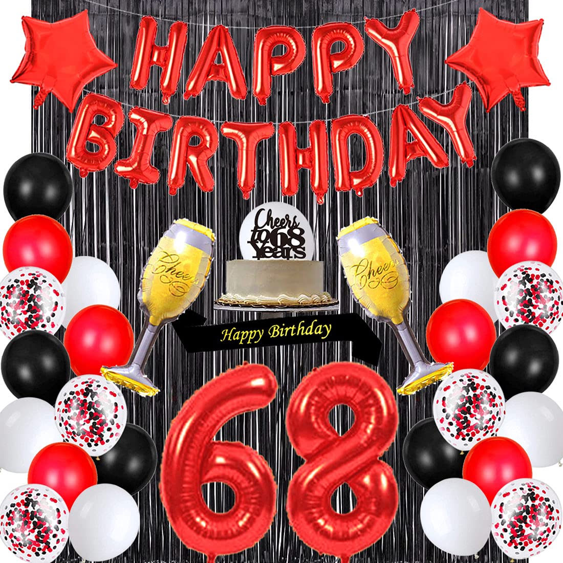 68th Birthday Party Decorations Set - Happy Birthday Banner, Sash, Cake Topper, Number 68, Confetti & Balloons for Women - Perfect for 68 Years Old Celebration & Retirement Parties