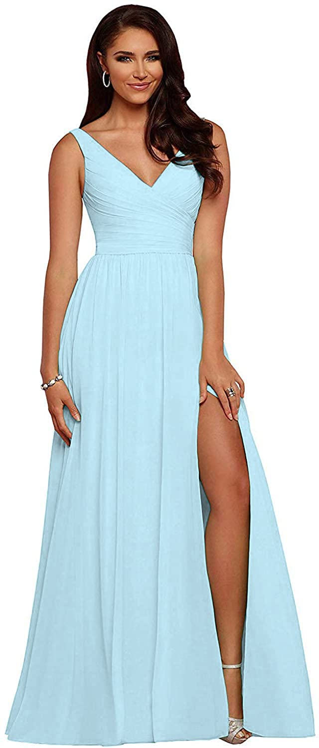 Elegant King Noiva Long Chiffon Bridesmaid Dress with V-Neck & High Slit - Backless Formal Gown for Weddings, Prom & Special Occasions | Perfect for Wedding Guests, Bridal Parties & Evening Events