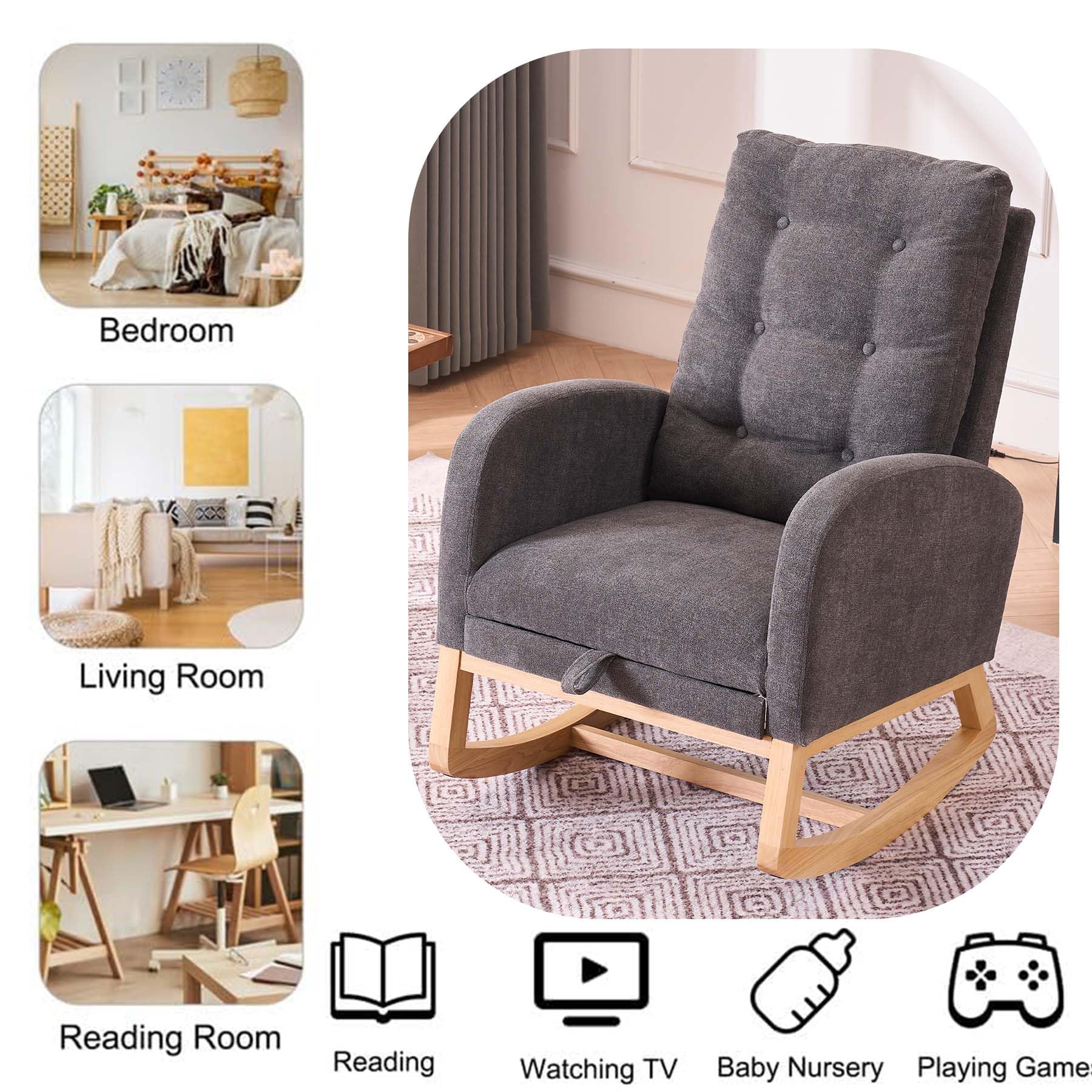 Comfortable Accent Rocking Chair with Footrest & Side Pocket - Upholstered High Back Nursery Rocker with Rubber Wood Legs - Perfect for Living Room, Baby Nursery & Bedroom - Relaxing Armchair for Breastfeeding, Reading & Lounging (Gray)