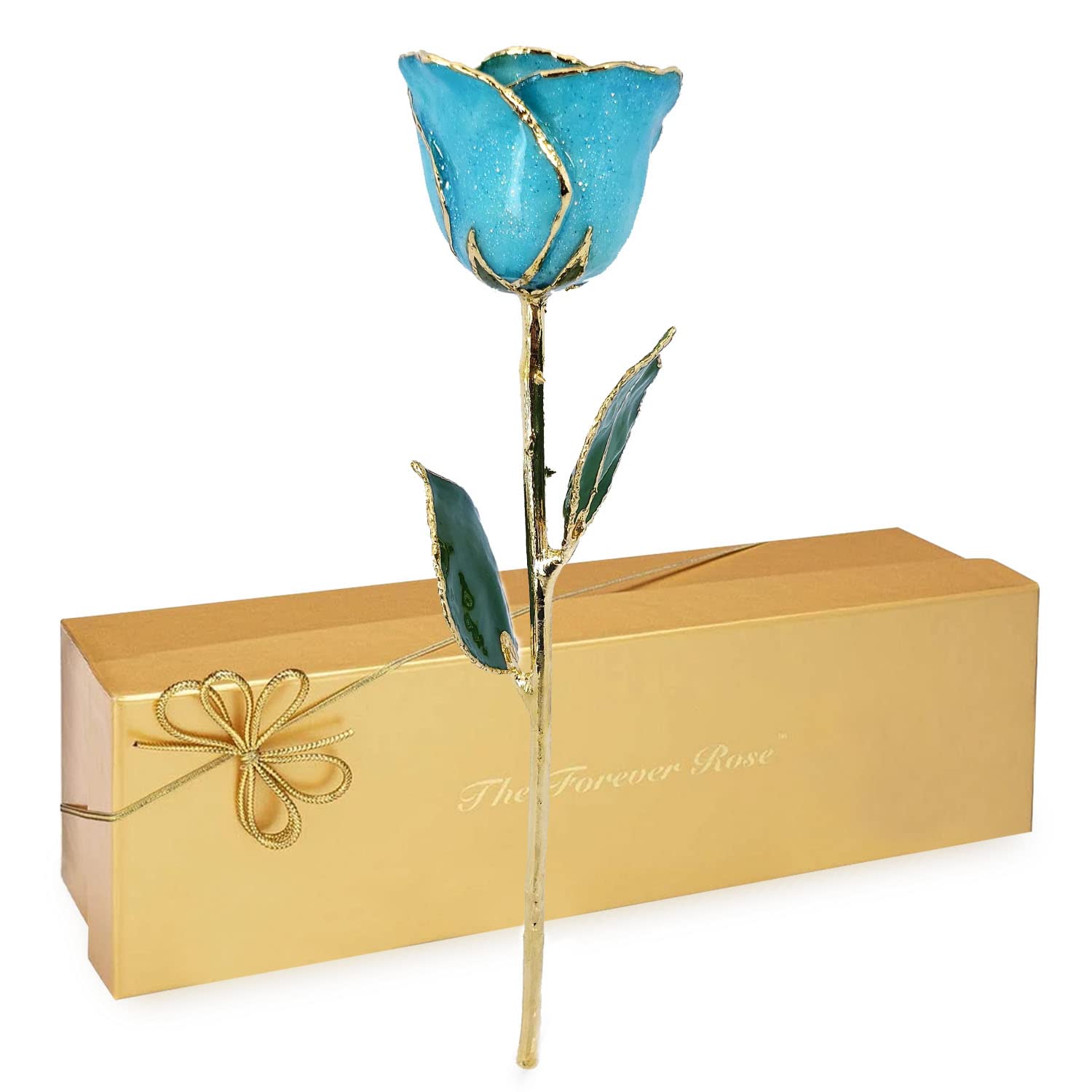 24K Gold Dipped Aquamarine Sparkle Rose - March Birthstone, Real Blue Rose Handcrafted in 24K Gold (11-12 Inch) - Perfect for Anniversary Gifts, Wedding Decor & Luxury Home Decoration