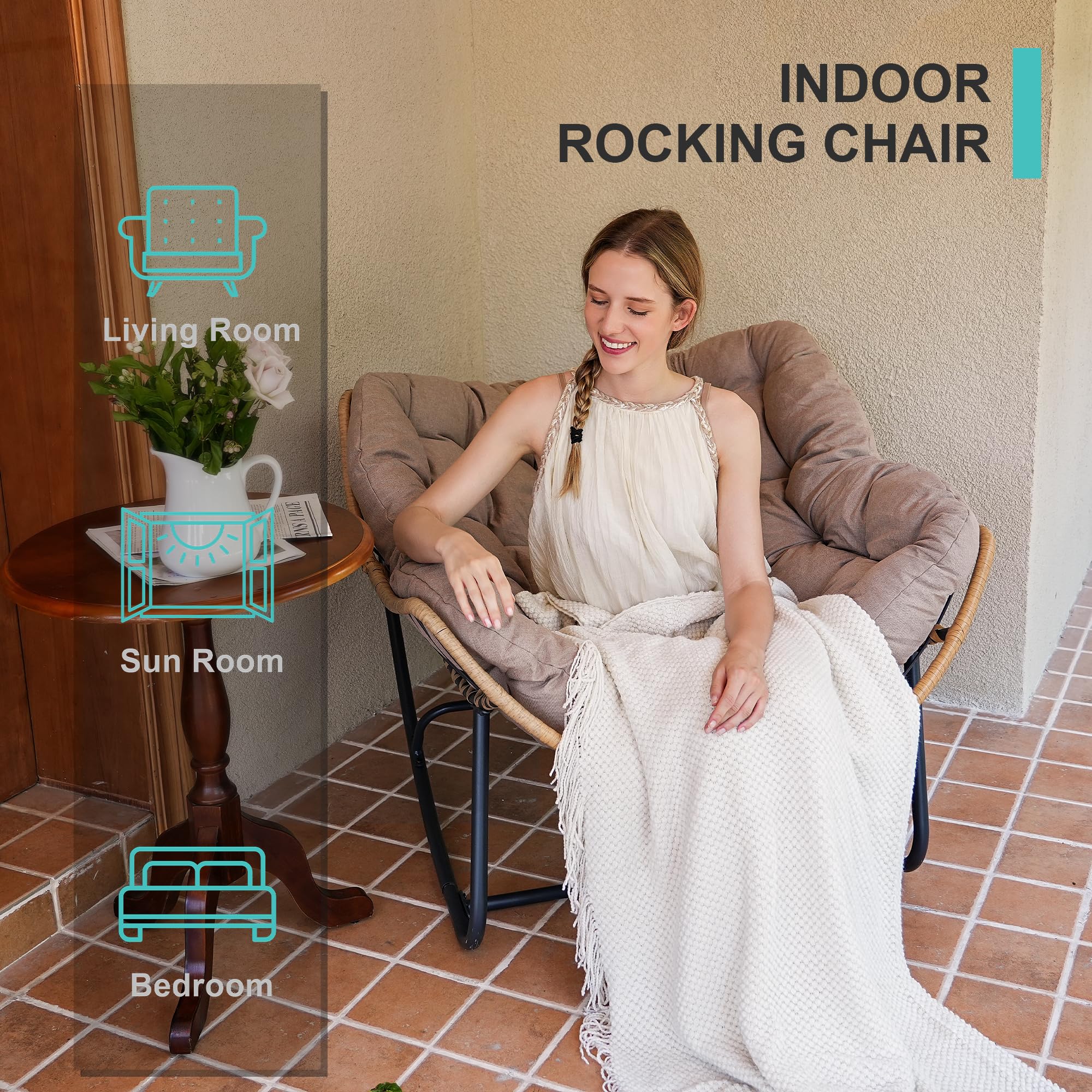 SWITTE Outdoor Rocking Chair - Egg-Shaped Patio Chair with Rattan Wicker Design, Modern Papasan Lounge Chair for Indoor & Outdoor Use - Perfect for Bedroom, Living Room, Porch, Garden and Lawn Relaxation (Beige)