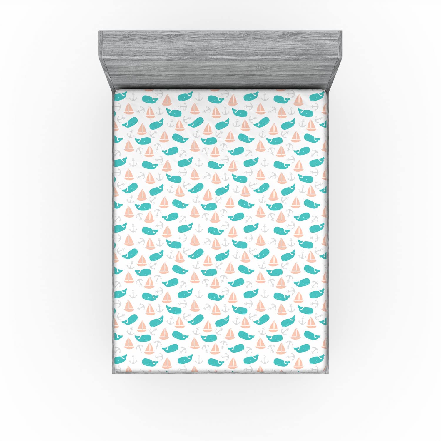 Ambesonne Nautical Fitted Sheet - Marine Themed Sailboat Anchor Whale Print - Deep Pocket Full Size Bed Sheet Set - Turquoise Peach - Perfect for Coastal Bedroom Decor & Guest Room Styling