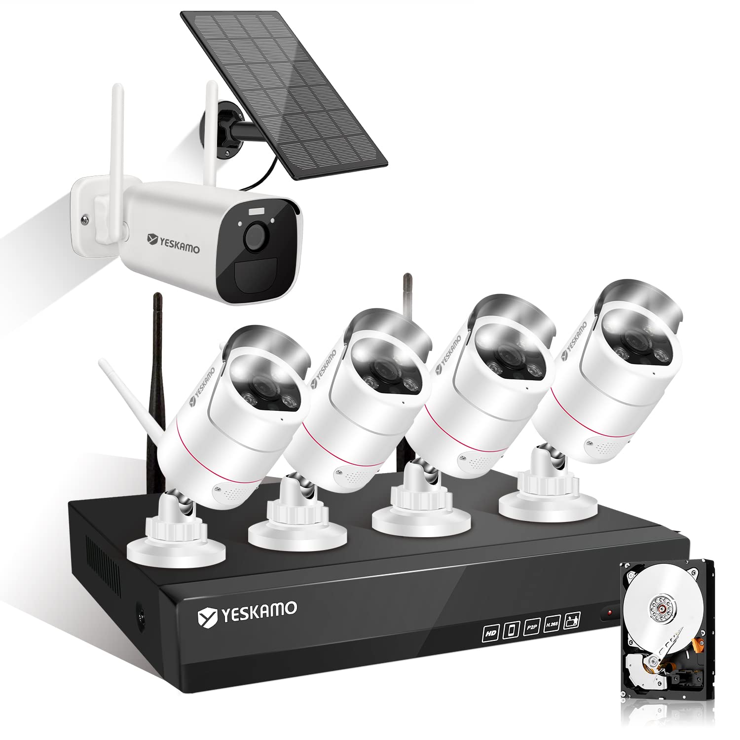 YESKAMO 3MP WiFi NVR Outdoor Security Camera System - 4 Weatherproof DC Power Cameras + 1 Solar Powered Camera for 24/7 Home Surveillance | Ideal for House, Business & Property Monitoring