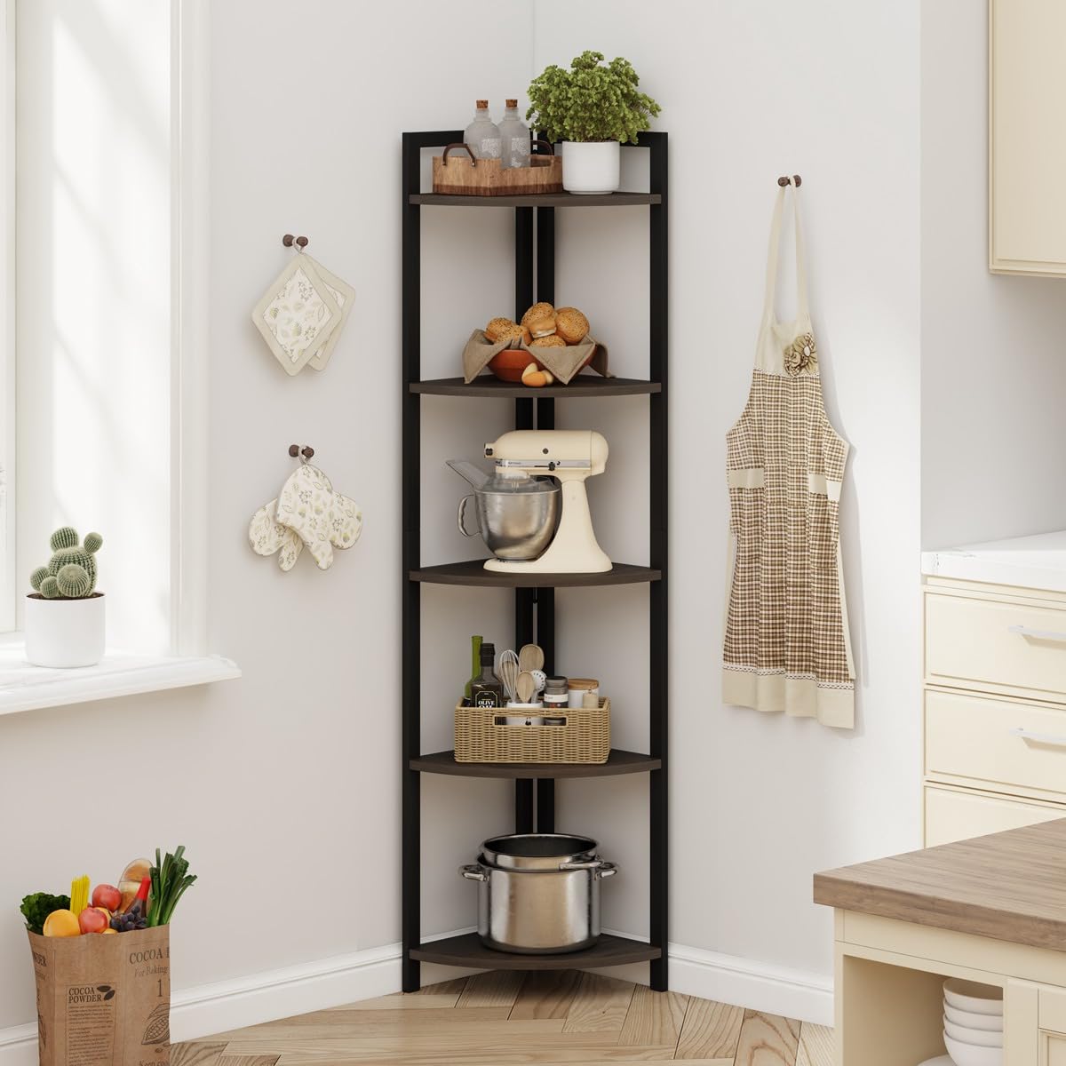FATORRI 5-Tier Rustic Tall Corner Shelf - Industrial Dark Wood & Metal Bookshelf for Living Room, Home Office - Walnut Brown Corner Plant Stand for Small Spaces & Decor