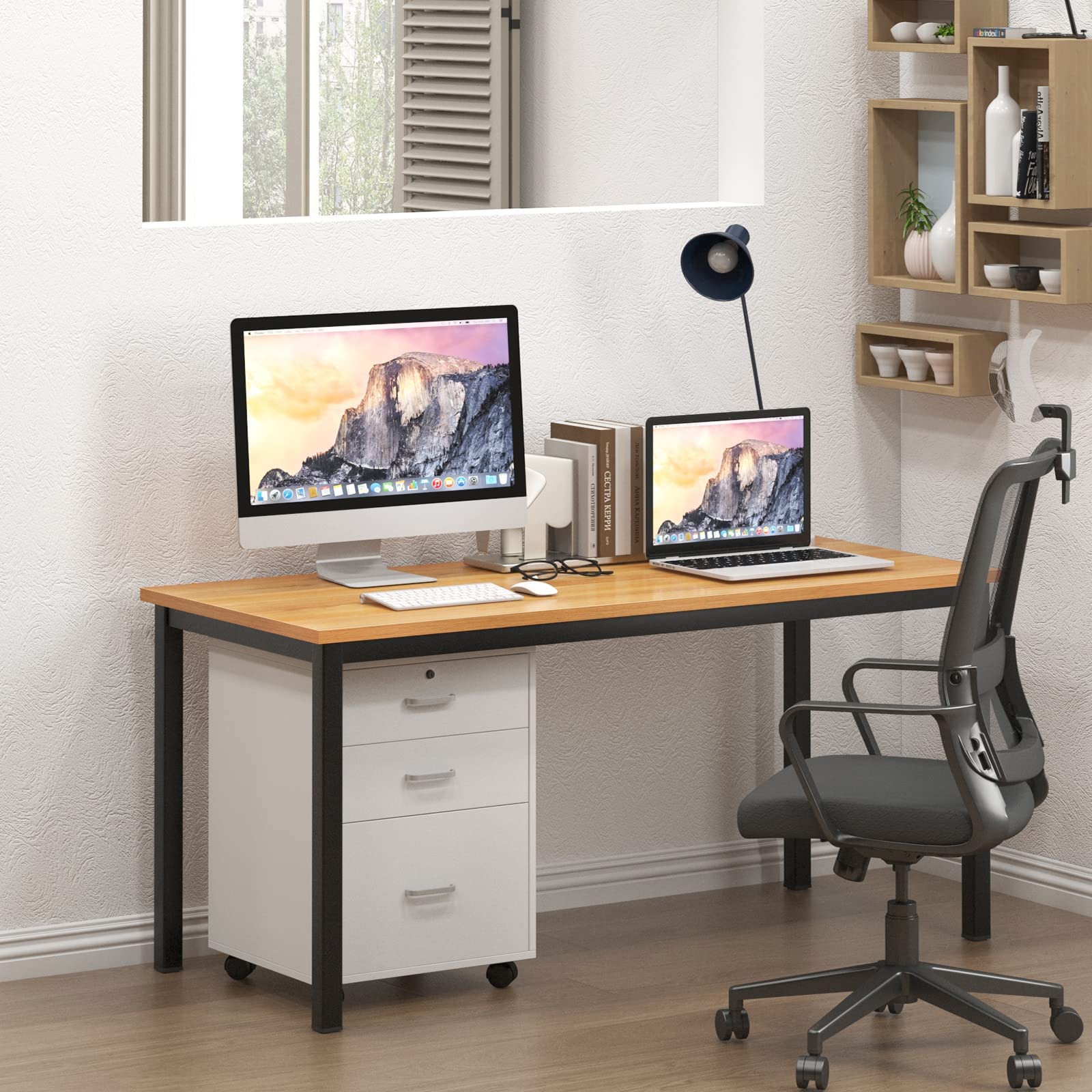SogesHome 55 Inch Computer Desk - Sturdy Office Desk with Large Work Surface, Home Office Workstation & Writing Table in Teak Finish - Perfect for Remote Work, Gaming & Study Spaces
