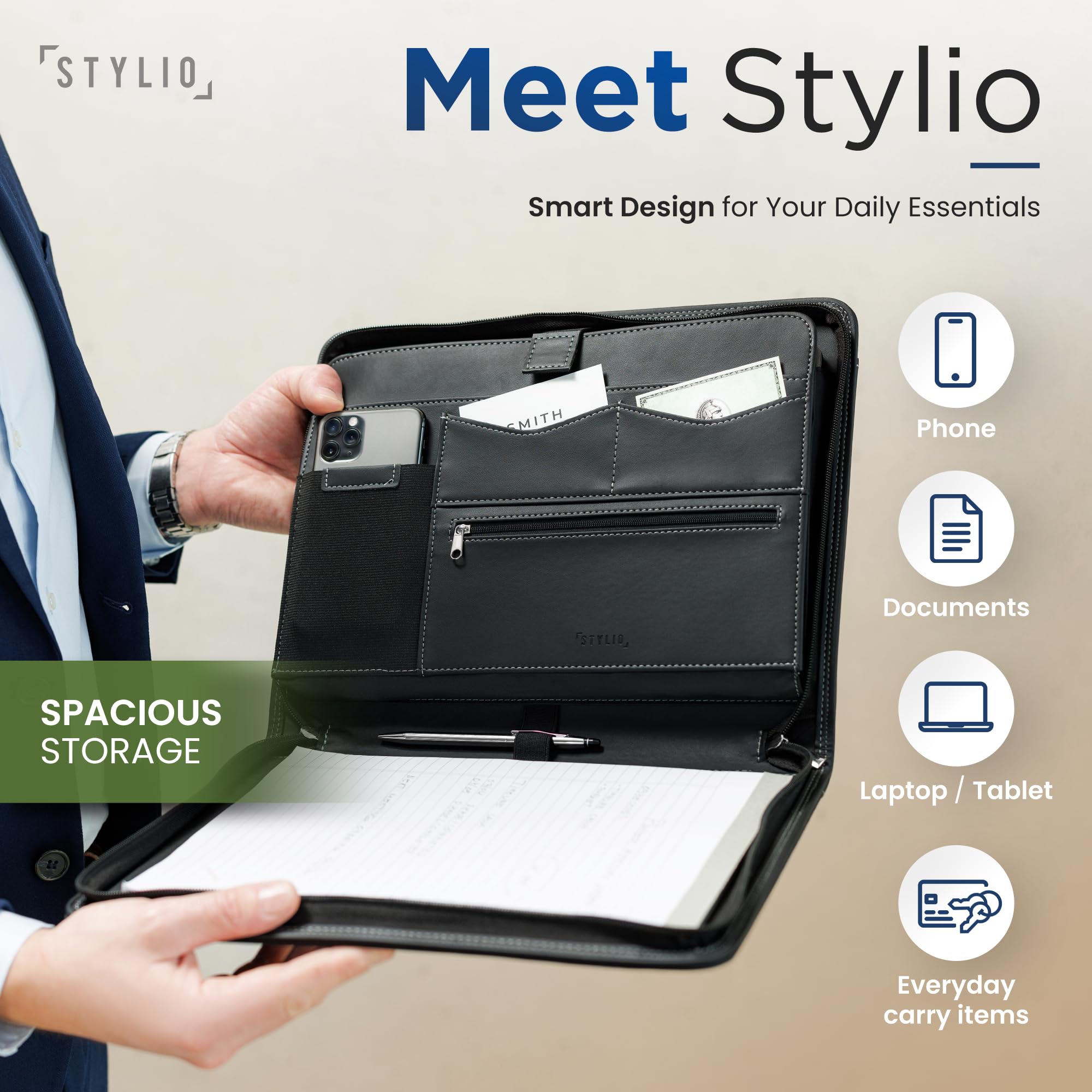 Premium STYLIO Faux Leather Zipper Padfolio Organizer - Professional Portfolio Binder for Resume, Documents, Business Meetings | Holds Phone, Tablet, Cards & Includes Letter-Sized Notepad - Perfect for Office, Interviews & Executive Business Use