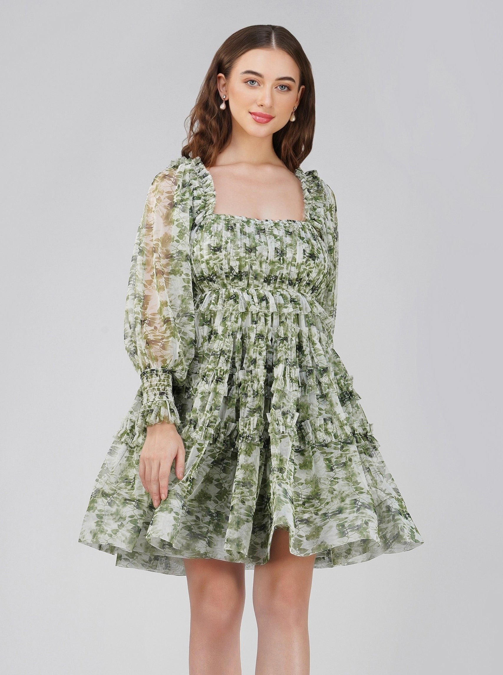 Elegant Petite Jessica Green Print Tulle Dress for Weddings & Special Occasions | Flowy A-Line Formal Gown