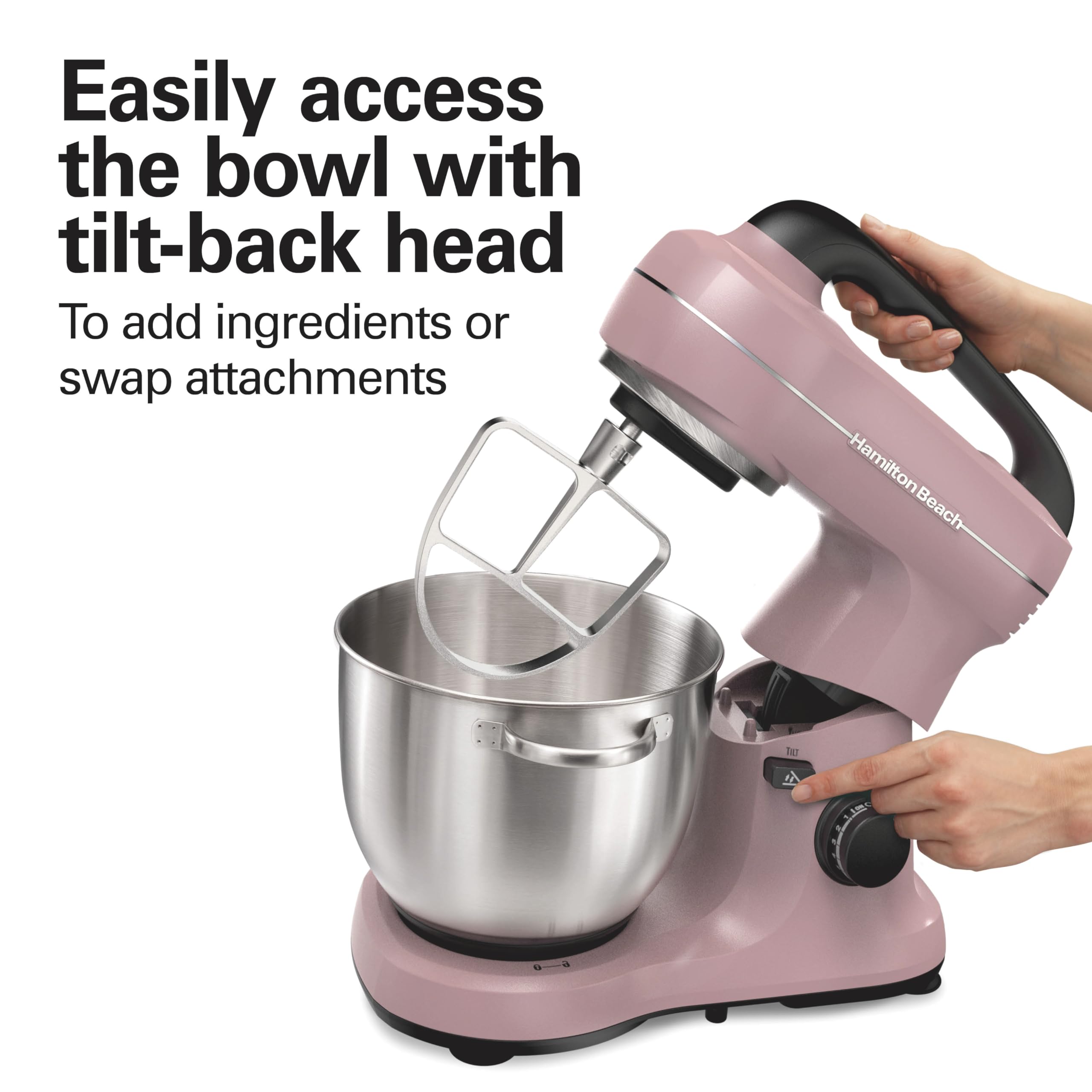 Hamilton Beach 4-Quart Electric Stand Mixer with Dough Hook, Flat Beater & Whisk - 7 Speed Settings & Splash Guard - Perfect for Baking Cakes, Cookies & Bread (Pink)