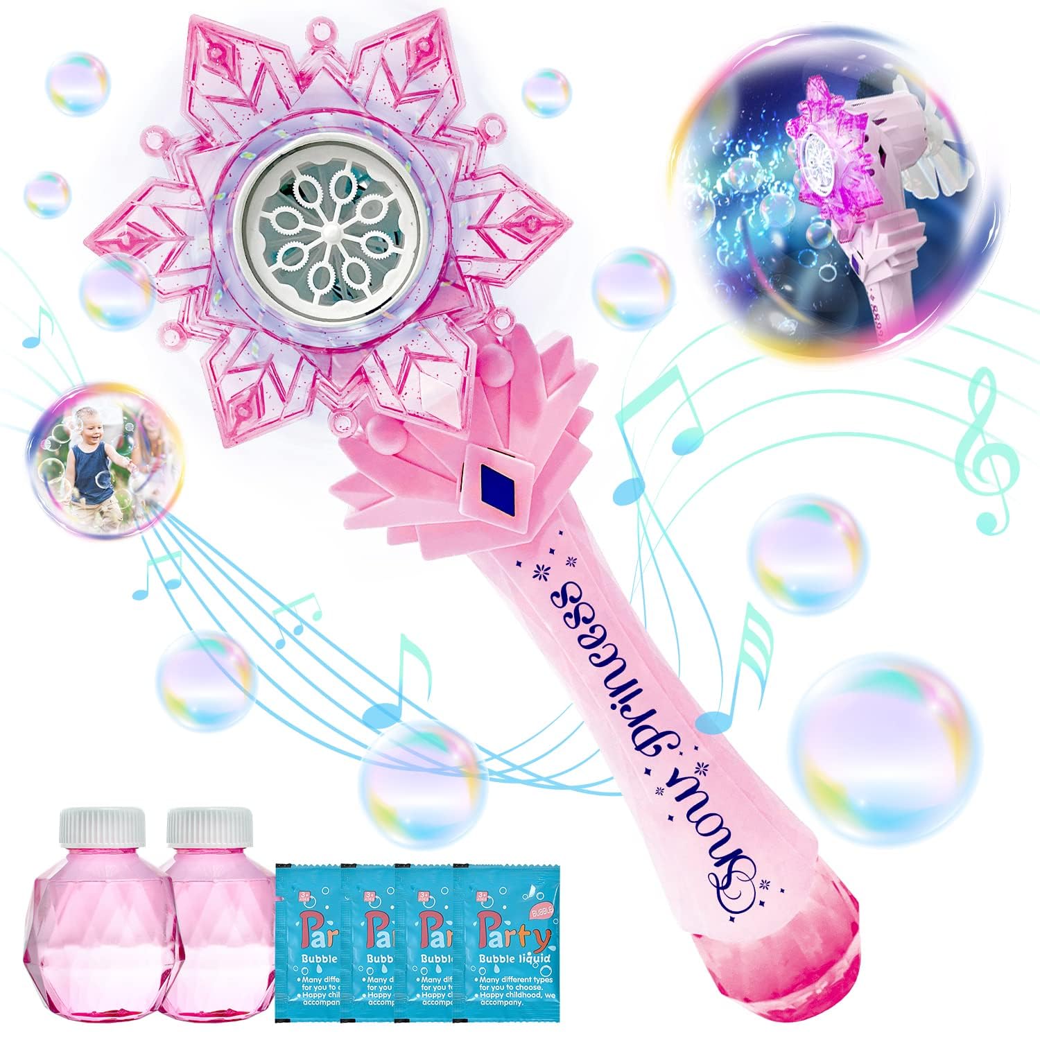 BELLOCHIDDO Princess Magic Wand Automatic Bubble Blower - Light Up Musical Snowflake Bubble Machine with Windmill & Bubble Solution, Frozen-Themed Birthday Gift for Girls (Perfect for Outdoor Play, Parties & Disney Princess-Themed Events)
