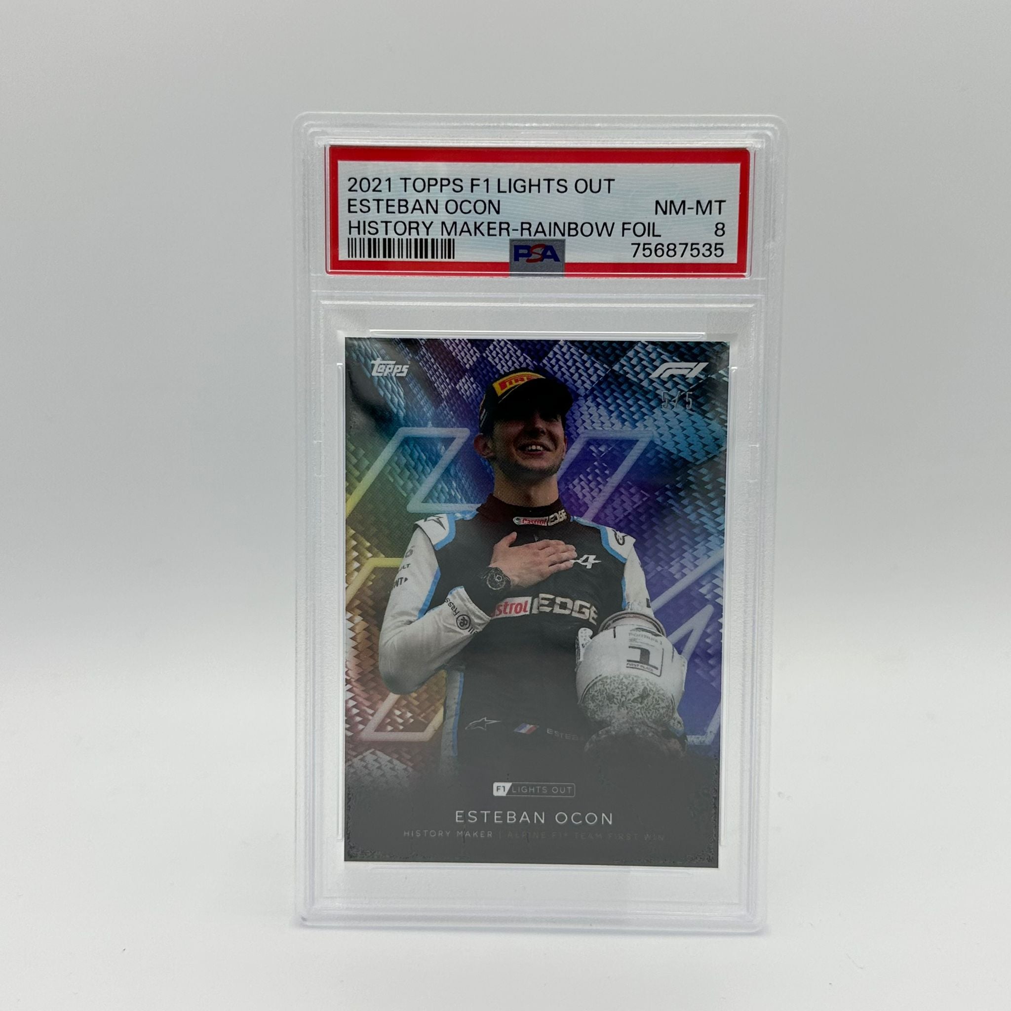 PSA 8 Graded Esteban Ocon History Maker Rainbow Foil Trading Card - Perfect for Collectors, Investors & F1 Racing Fans