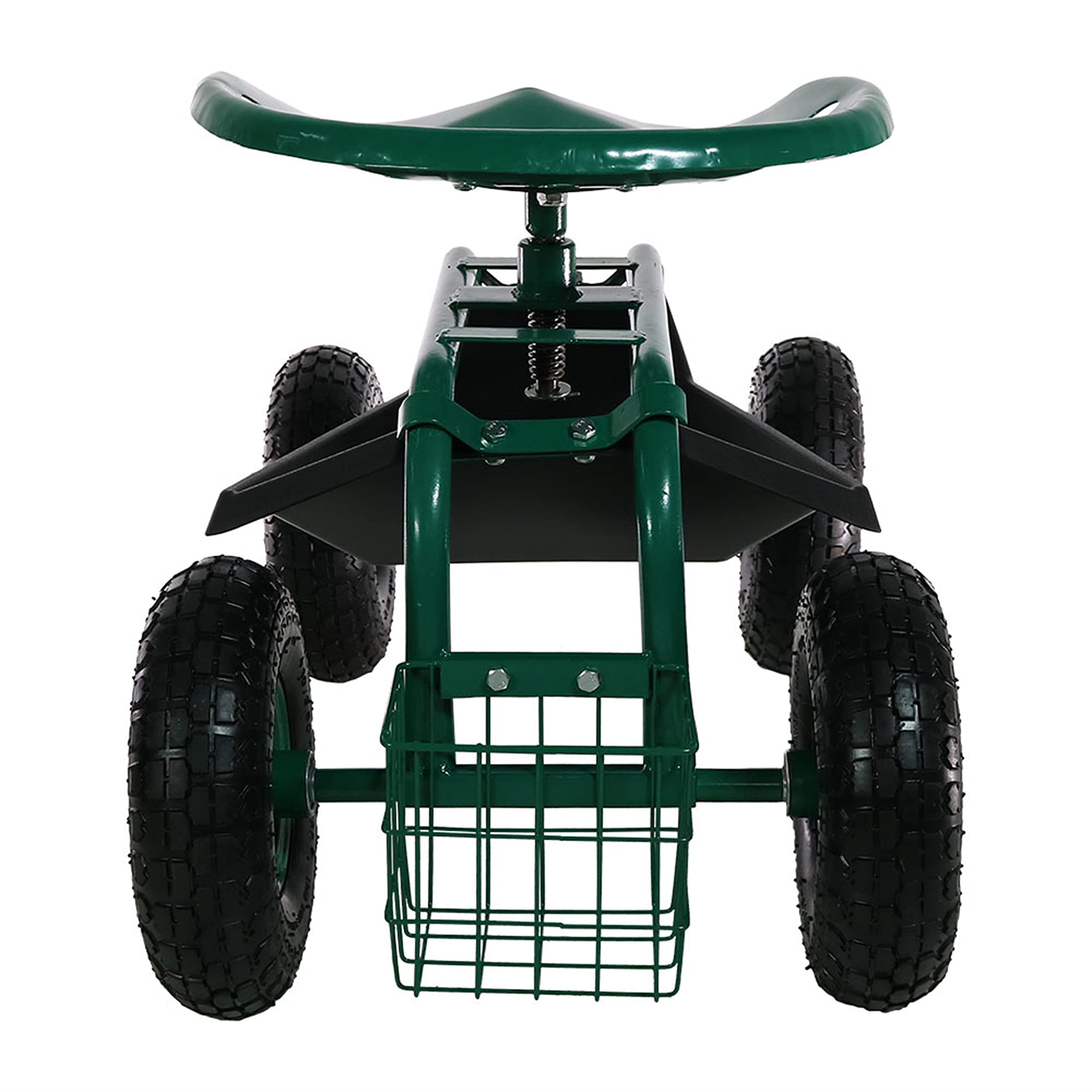 Sunnydaze Rolling Gardening Cart with Adjustable 360-Degree Swivel Seat - Utility Tool Tray & Storage Basket - Green Outdoor Garden Cart for Planting, Weeding & Yard Work
