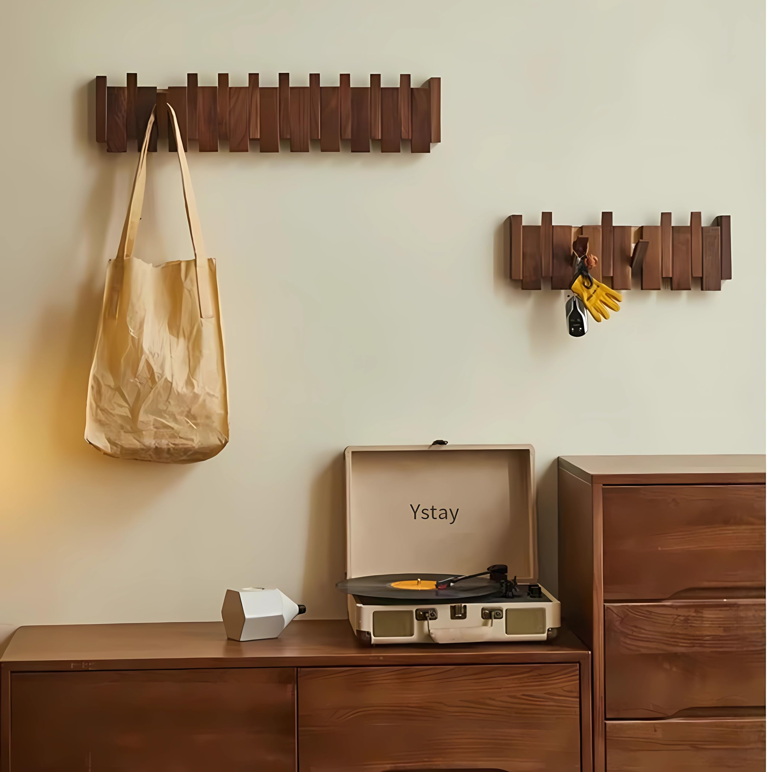 Tlongxia 10-Hook Wall Mounted Coat Rack - Natural Walnut & Beech Solid Wood Hangers with Non-Woven Fabric for Closet Organization | Perfect for Entryway, Bedroom, Bathroom & Kitchen Storage