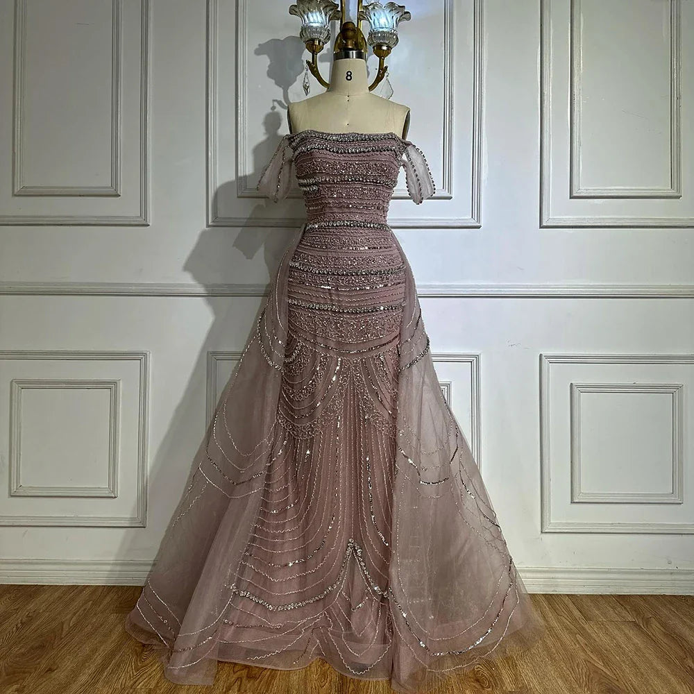 Elegant Dubai Arabic Pink Mermaid Beaded Evening Gown with Detachable Satin Overskirt - Formal Dress for Weddings, Galas & Special Occasions LA72781