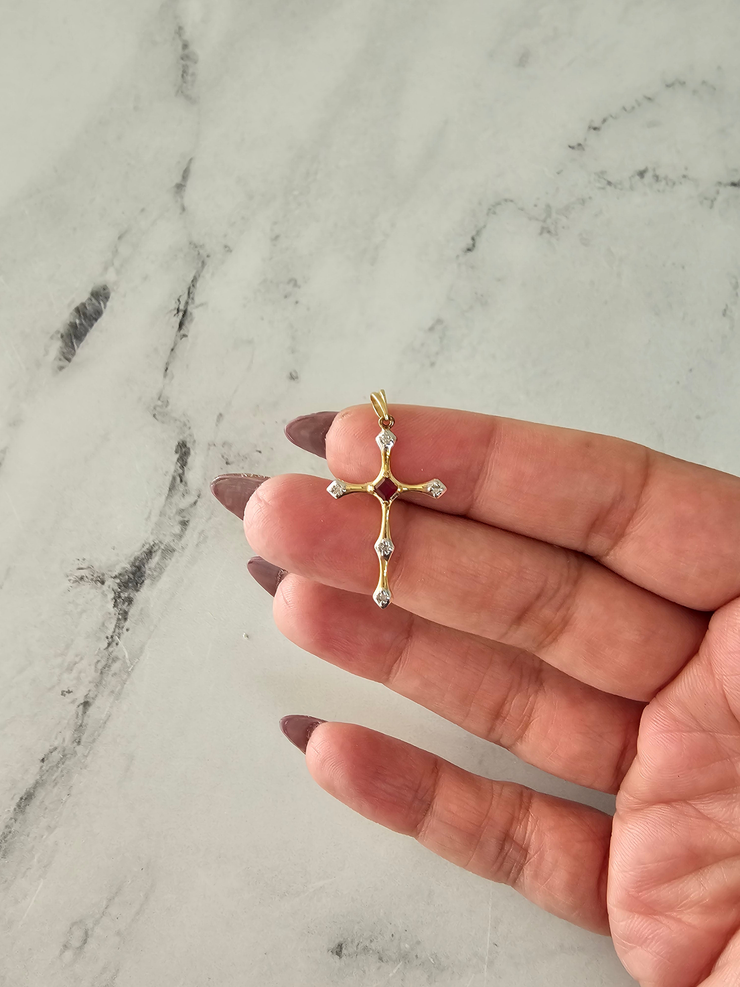14K Yellow Gold Ruby Diamond Cross Pendant Necklace - Elegant Jewelry Gift for Women, Perfect for Christmas, Birthday & Special Occasions