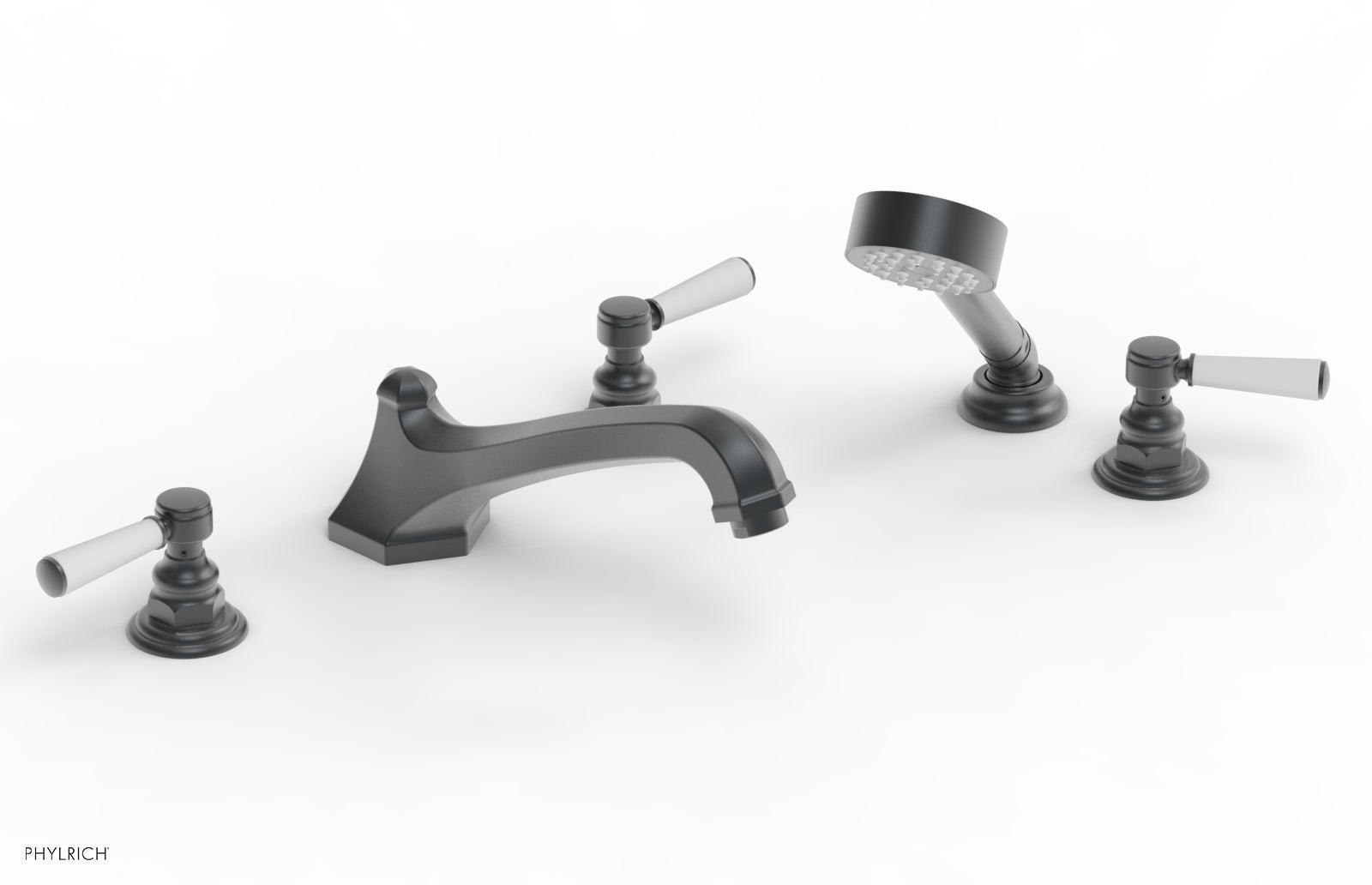 HEX TRADITIONAL Deck Mount Bathtub Faucet Set with Hand Shower - Satin White Finish & Lever Handles (Model 500-49) - Perfect for Modern Bathroom Renovations & Spa-Like Shower Experience