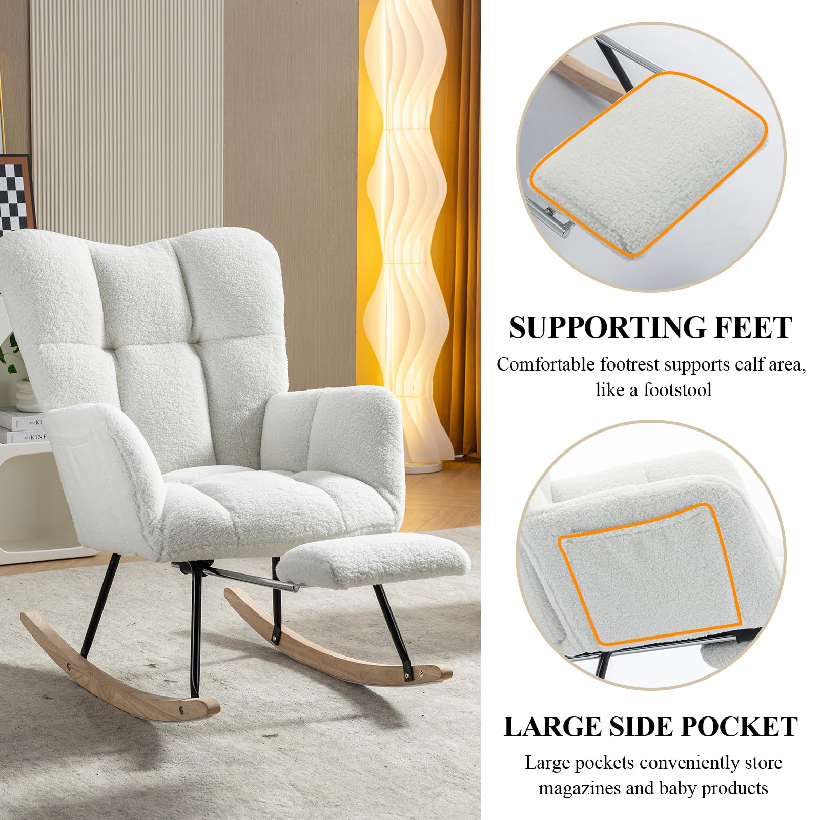 Comfortable Teddy Upholstered Nursery Rocking Chair with Side Pocket & Adjustable Footrest - Soft Glider Recliner for Living Room, Bedroom, Nursery - Perfect for Nursing, Reading & Relaxing (Ivory)