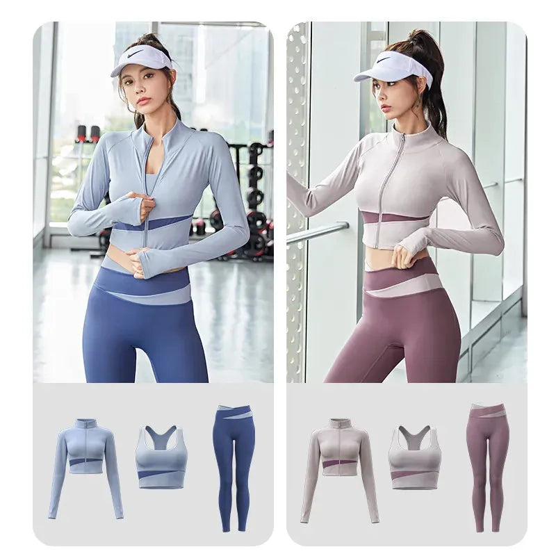 Women's 3-Piece Yoga Set - Patchwork Gym Coats, Sports Bra & Leggings - Workout Running Fitness Outfit for Women - Perfect for Yoga, Gym & Activewear