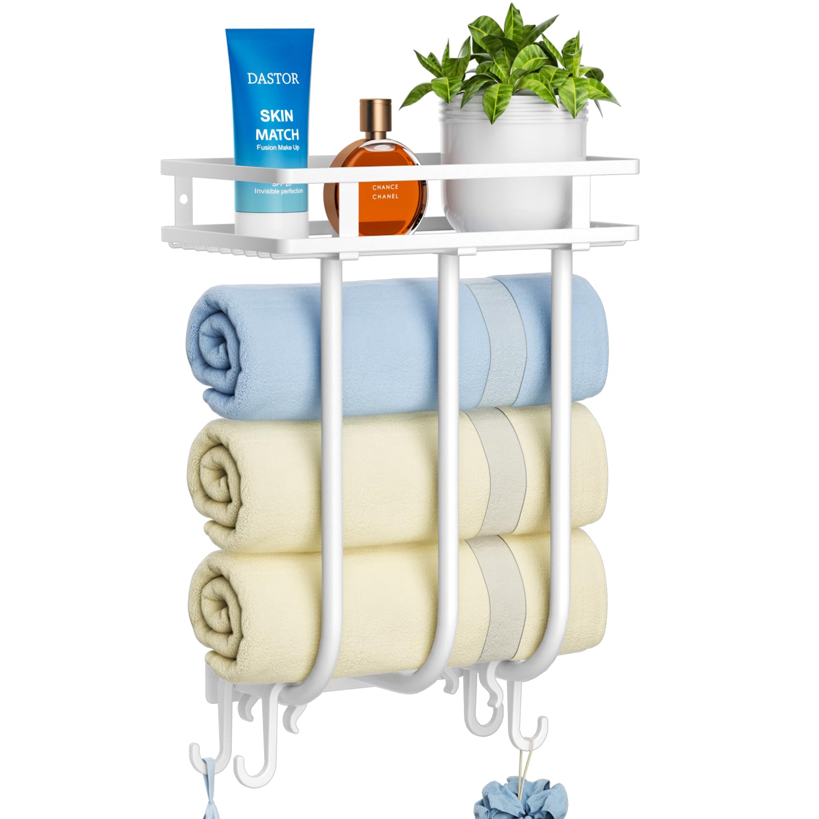 Stainless Steel Wall Mounted Bathroom Towel Rack with 4 Hooks & Shelf - Space Saving Towel Holder Organizer for Small Bathrooms (Holds 3 Large Rolled Towels, White) - Perfect for Bathroom, Laundry Room & Spa Decor