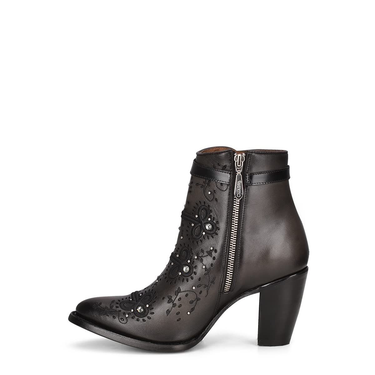 Cuadra Women's Leather Bootie with Zipper & Crystals - Stylish Black Ankle Boots for Night Out