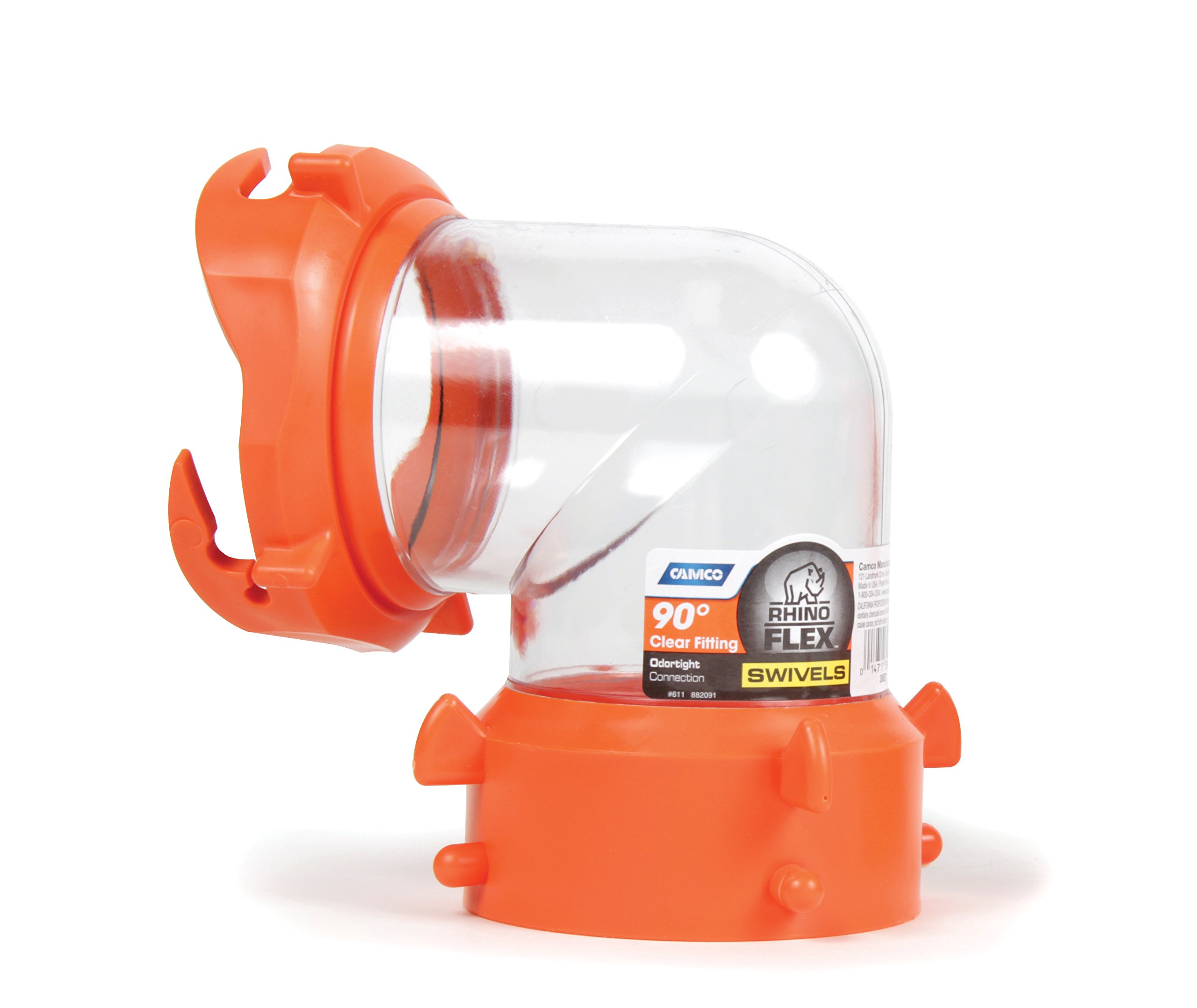 Camco 39857 RhinoFLEX Clear 90 Degree RV Sewer Hose Swivel Fitting - Heavy Duty Waste Water Connector for Campers, Trailers & Motorhomes