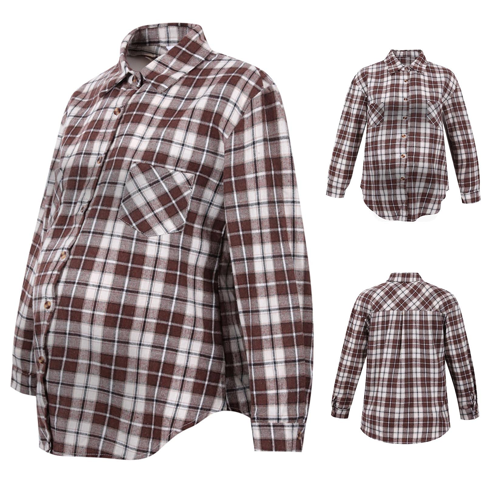 Stylish Women's Maternity Plaid Long Sleeve Shirt with Turn-down Collar - Comfortable Boyfriend Coat for Pregnancy | Perfect for Casual Wear, Office Outfits & Maternity Photoshoots