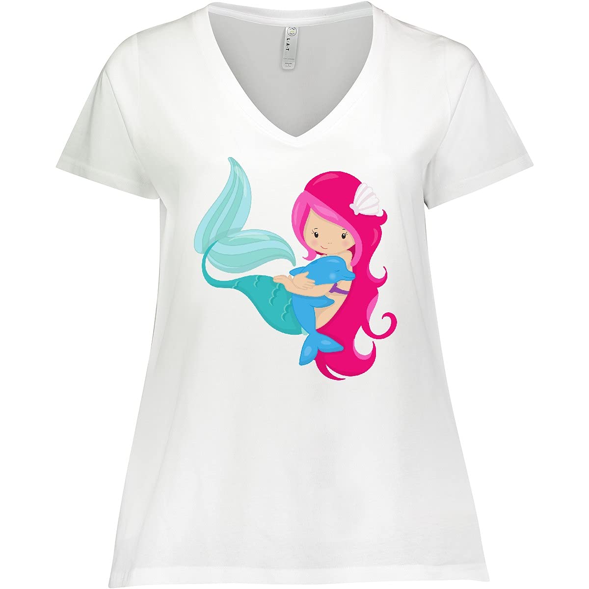 Inktastic Cute Mermaid T-Shirt - Little Mermaid Graphic Tee with Pink Hair - Women's Plus Size V-Neck Top for Casual Wear & Beach Outfits