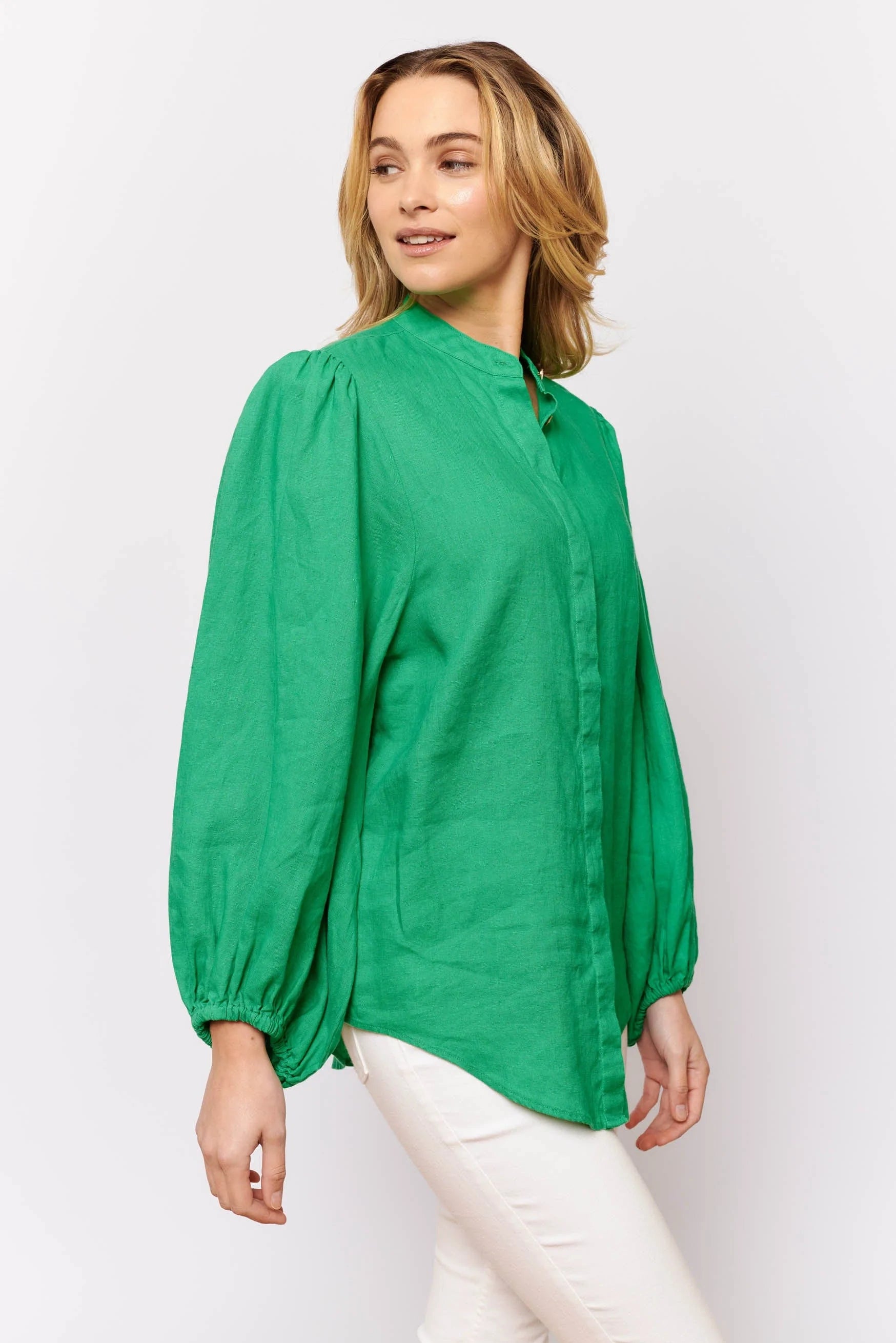 Charade Shirt in Emerald Linen - Women's Elegant Linen Blouse for Casual Wear & Summer Outfits