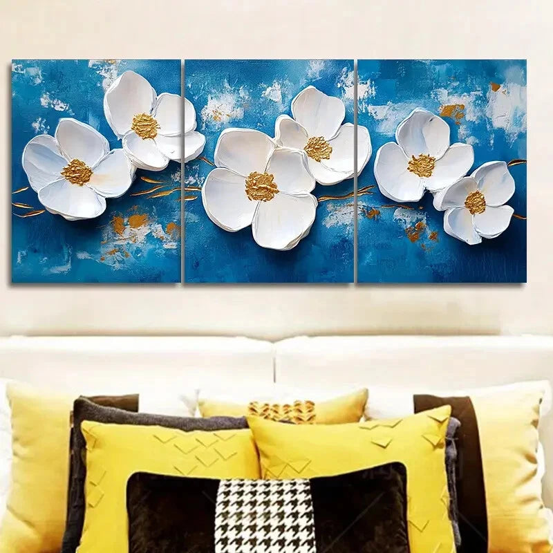 3-Piece Blue Background White Flowers Metal Print Wall Art - Ready to Hang for Living Room, Bedroom & Office Decor